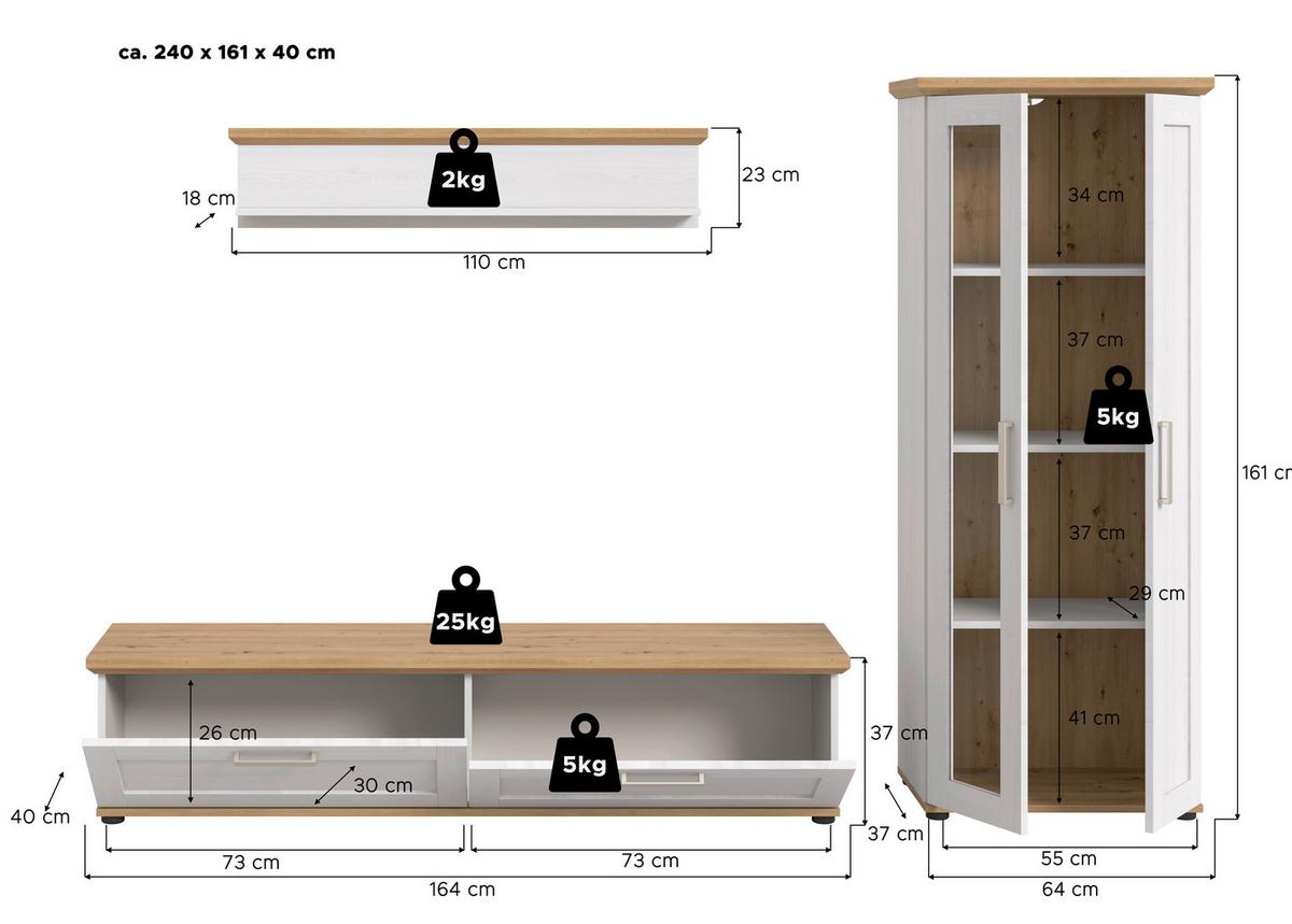 Wohnwand Verona Lärchefarben /Eiche Dekor B: 240cm - Lärchefarben/Schwarz, Design, Holzwerkstoff (240/161/40cm) - Livetastic