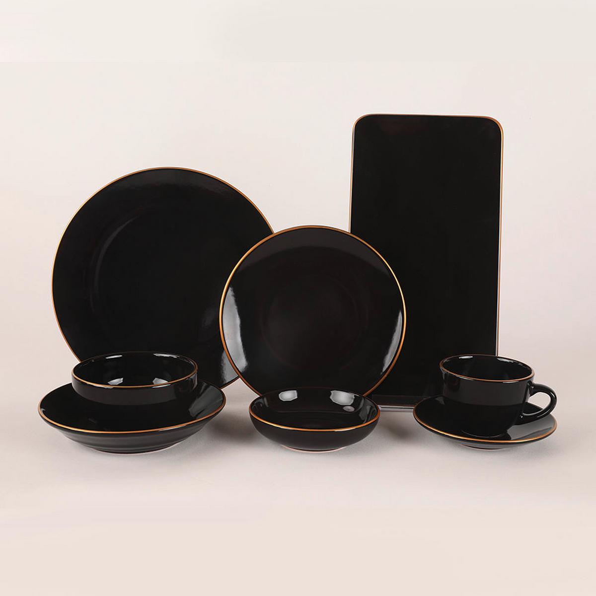 Kombiservice Porzellan, Für 6 Personen, Schwarz, Goldfarben - Goldfarben/Schwarz, Basics, Keramik (19/19/19cm) - P & B