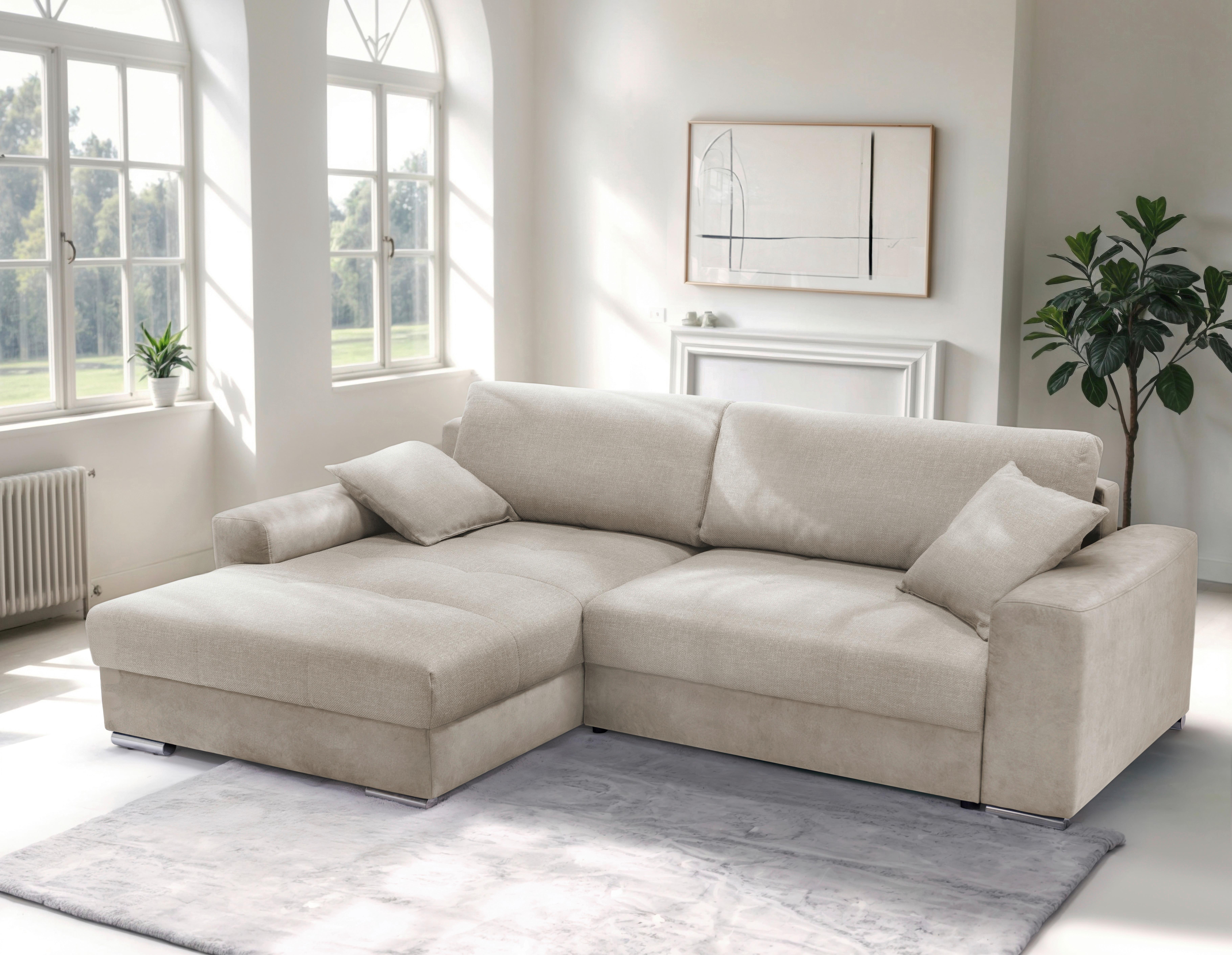 Ecksofa Larnaca, Beige Schenkel: 177x269 cm - Chromfarben/Beige, Design, Textil (177/269cm) - Livetastic