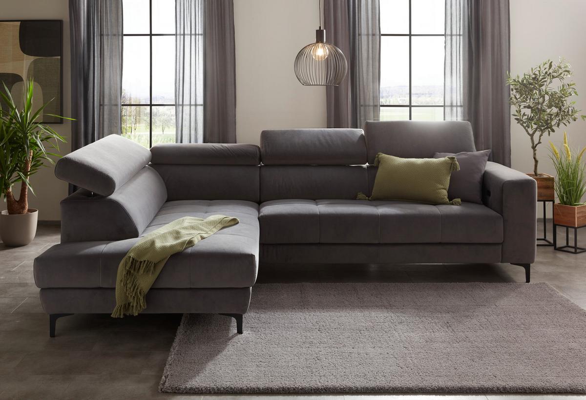 Rohová sedačka EMMA, ľavá, sivá,nast.op.hl,USB,el.výsuv - čierna/sivá, Modern, textil (210/301cm) - Premium Living