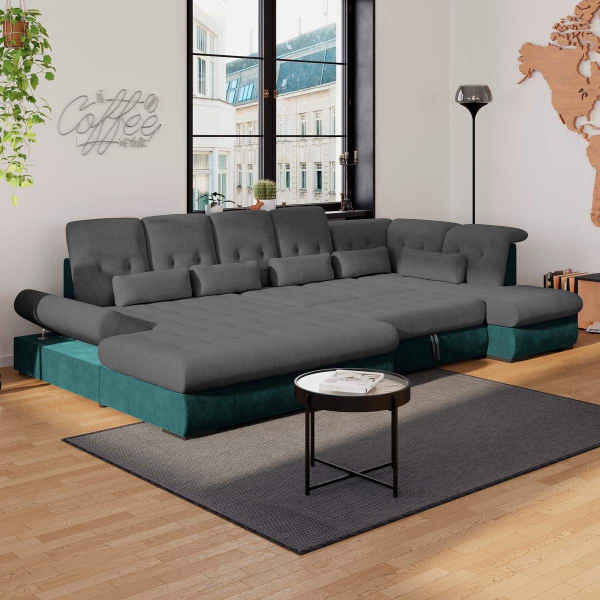 Wohnlandschaft Madera Anthrazit S: 358x212 cm - Türkis/Anthrazit, KONVENTIONELL, Kunststoff/Textil (190/358/212cm)