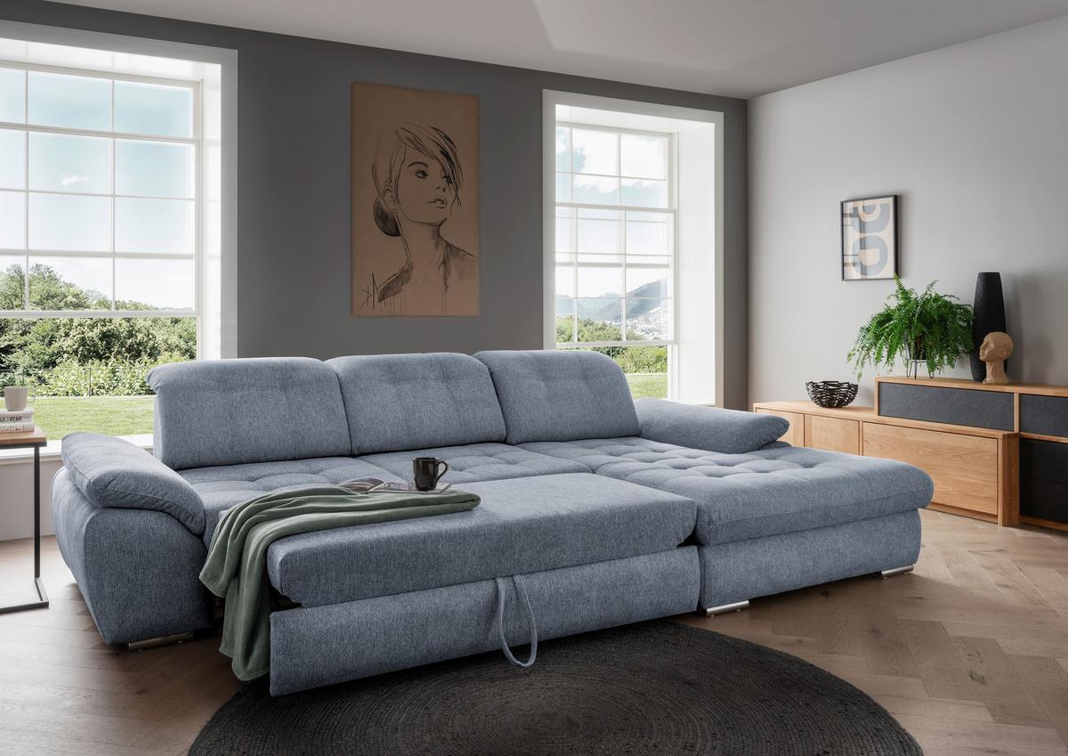 Ecksofa mit Bettkasten Rigatti Hellblau S: 314x184 cm - Chromfarben/Anthrazit, MODERN, Textil (314/184cm) - Livetastic