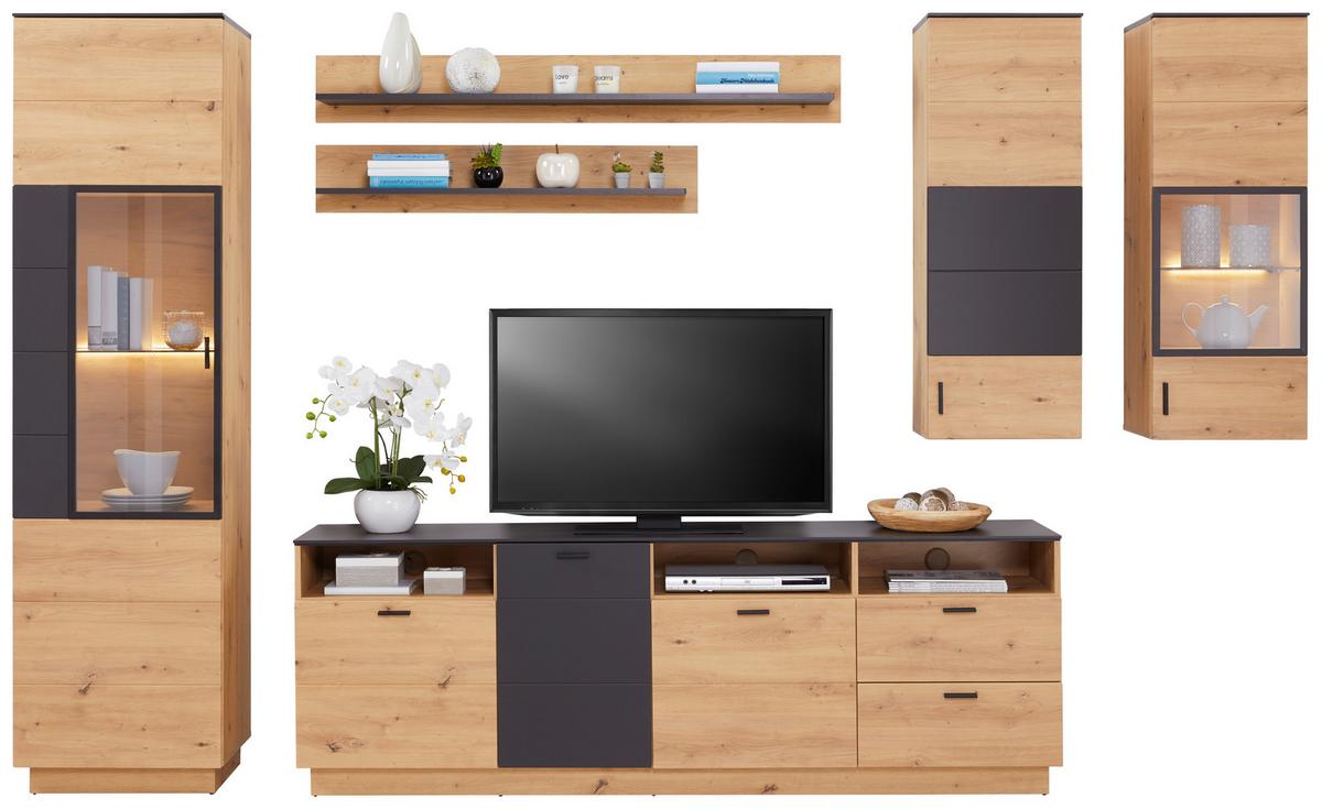 Wohnkombination Modern 6 Tlg. Tonale 1, Eiche Dekor/grau - MODERN (296,4/207,6/40cm)