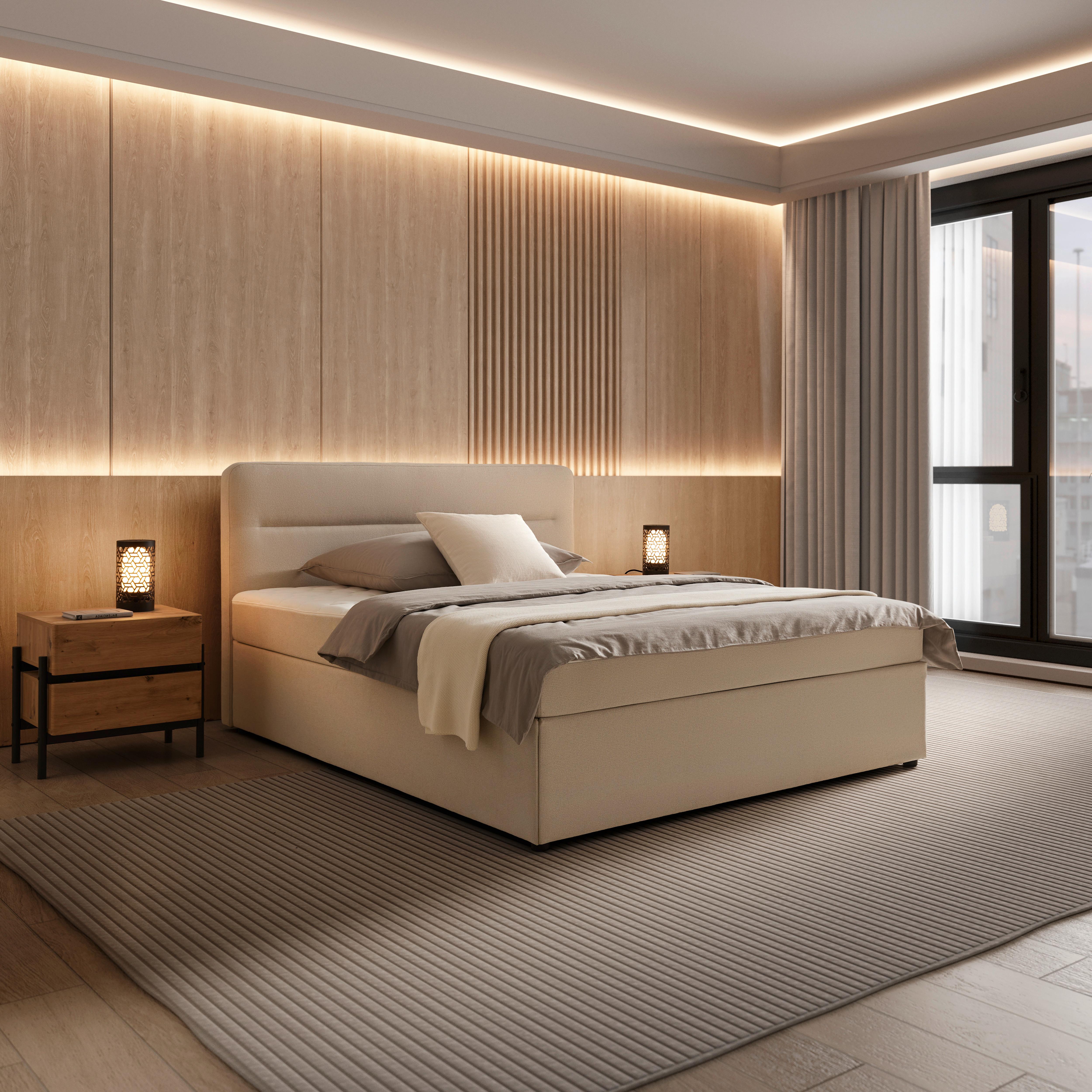 Boxspringová postel MARCO 160x200, béžová - černá/krémová, Moderní, dřevo/textil (160/200cm) - Bessagi