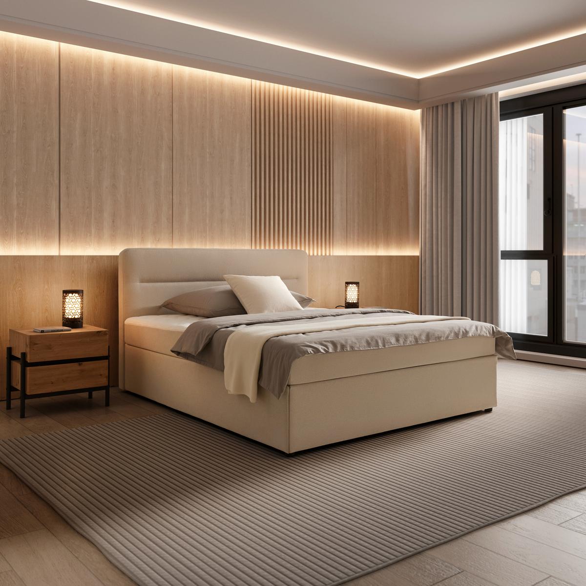 Boxspringová posteľ MARCO 160x200, béžová - čierna/krémová, Modern, drevo/textil (160/200cm) - Bessagi