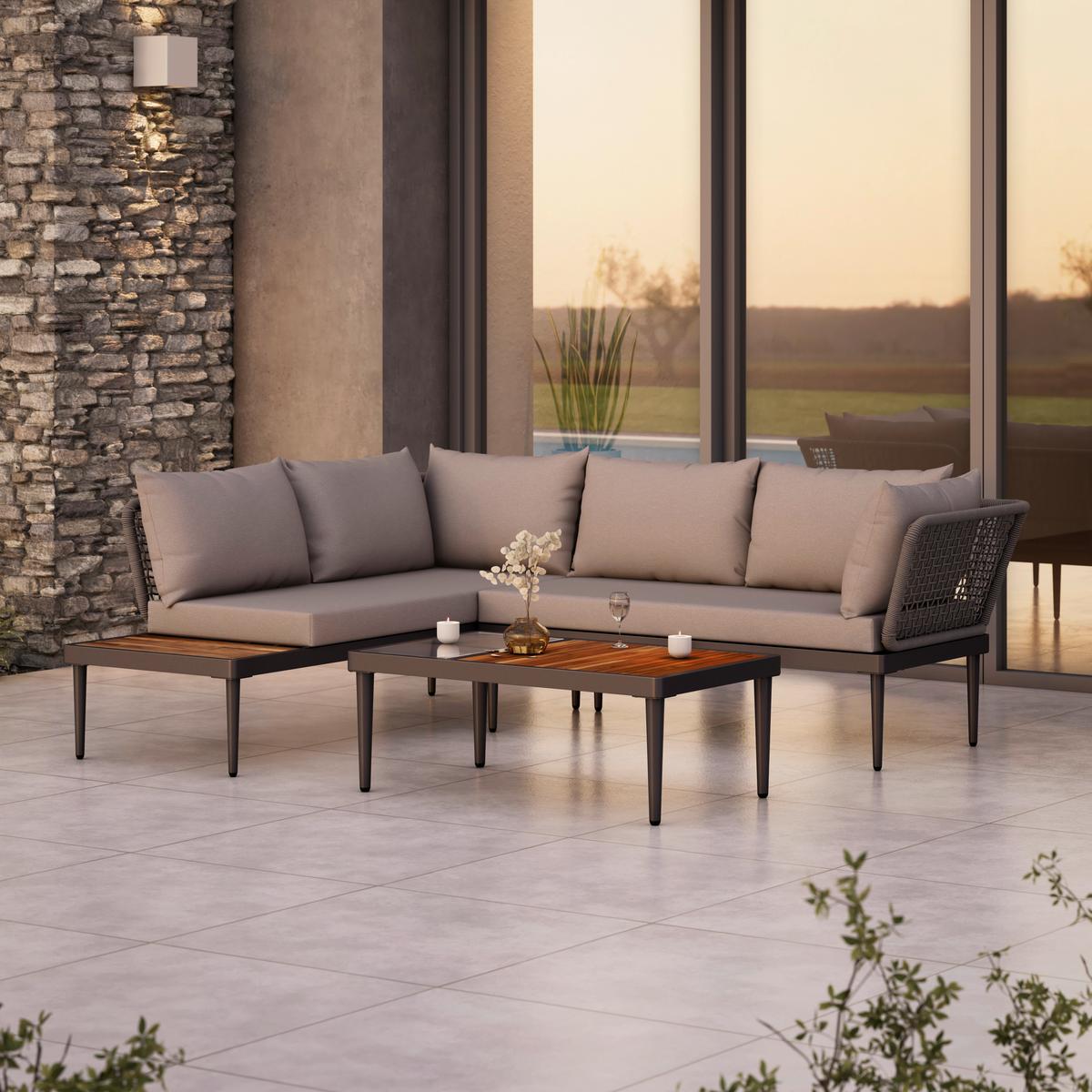 Lounge-garnitúra Basel - natúr színű/szürke, Modern, üveg/textil (186/150cm) - Beldano