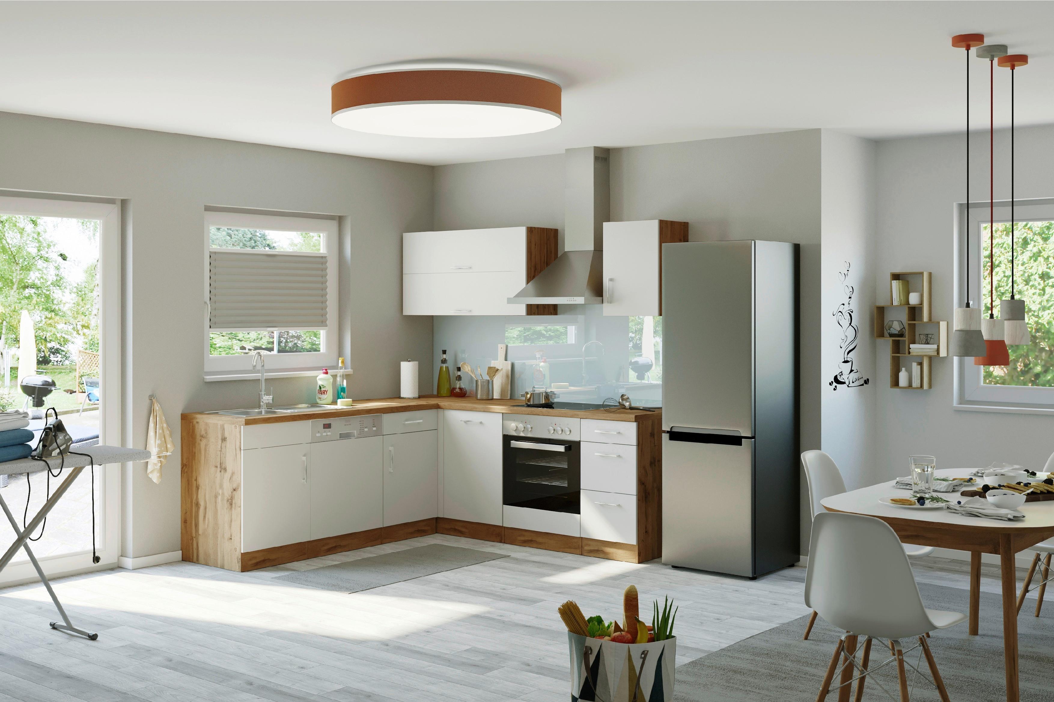 Eckküche Winkelblock Mit Geräten 210x210 cm Weiß - Eiche Wotan/Weiß, MODERN, Holzwerkstoff (210/210cm) - Held