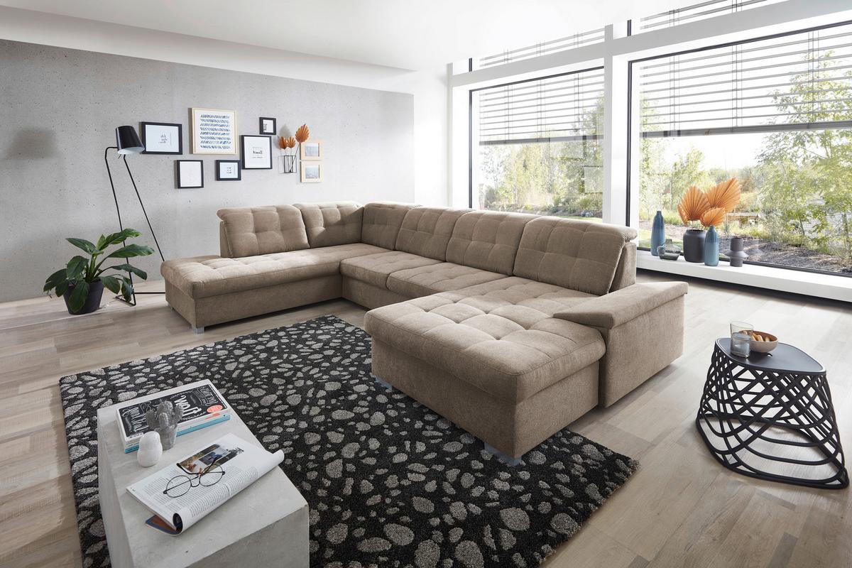 Wohnlandschaft Zira Mit Schlaffunktion Taupe - Taupe/Chromfarben, Design, Textil (212/330/169cm) - Livetastic