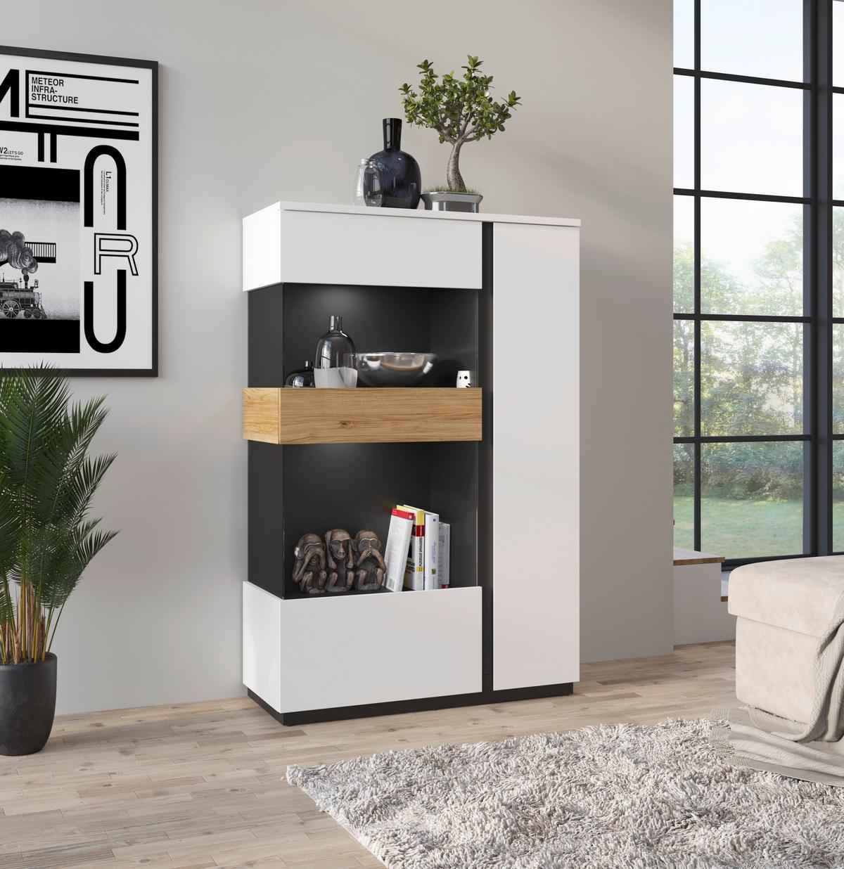 Vitrine Novena Alpinweiß B: 98 cm - Eichefarben/Schwarz, Trend, Glas/Holzwerkstoff (98/149,5/40cm)