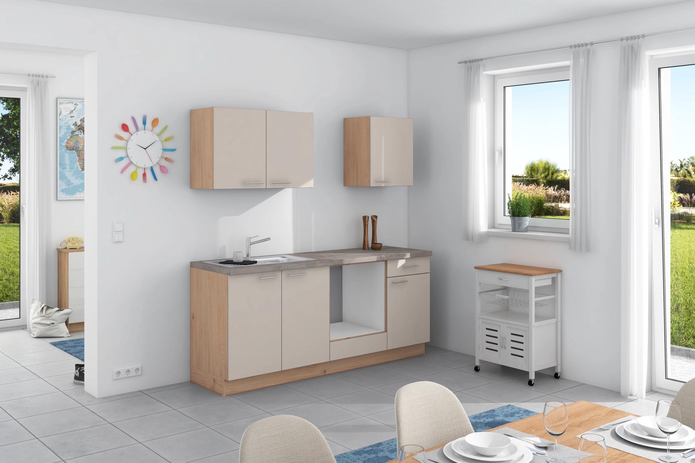 Küchenzeile Base ohne Geräte 200 cm Crema/Eiche/Beton Hell - Wildeiche/Creme, Design, Holzwerkstoff (200cm) - Express