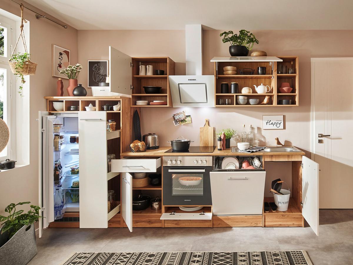 Küchenzeile Economy M. Geräten 310 Cm Weiß/wildeiche - Wildeiche/Weiß, Basics, Holzwerkstoff (310cm) - Respekta