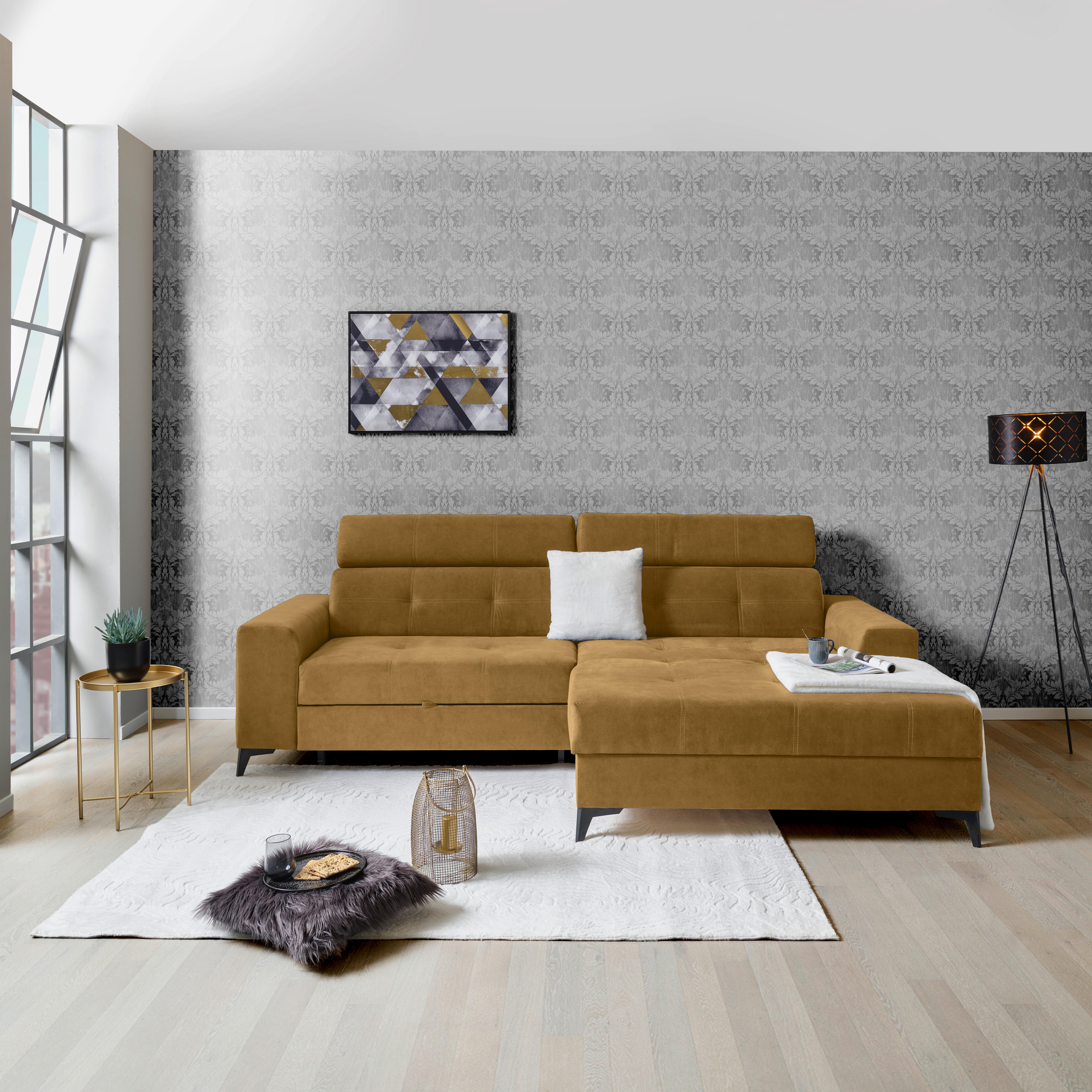 Wohnlandschaft Florida - Senfgelb/Schwarz, MODERN, Holz/Holzwerkstoff (275/175cm)