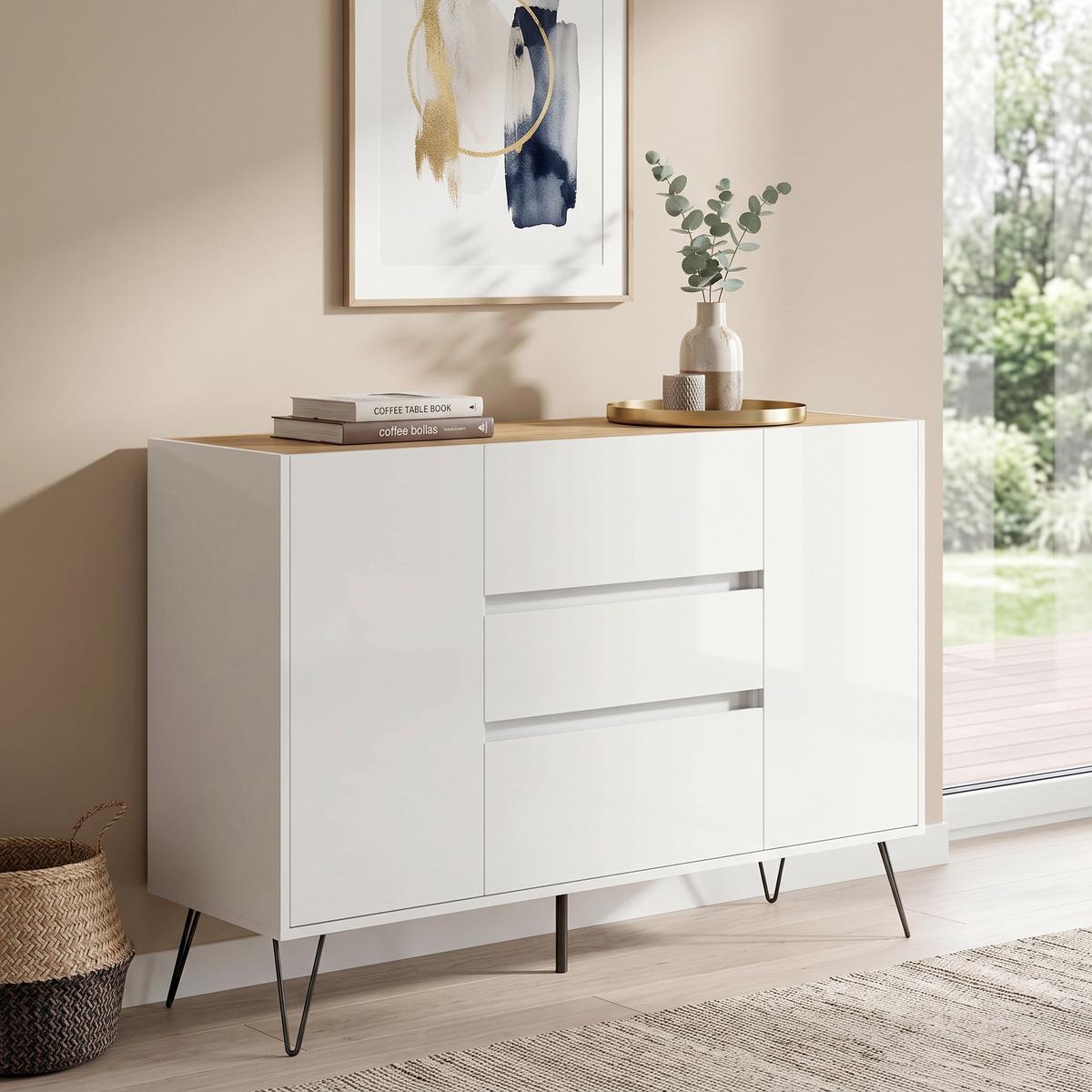 Sideboard Posseik Industrial Eichefarben/Weiß B: 140 cm - Weiß Hochglanz/Eichefarben, Design, Holzwerkstoff (140/93,6/42cm) - MID.YOU