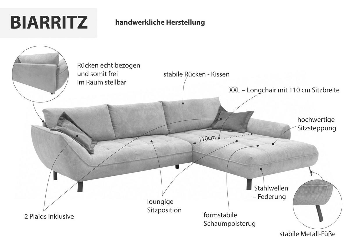 Ecksofa Biarritz Blau, Schenkel: 205x324 cm - Blau/Schwarz, Design, Textil (205/324cm) - Livetastic