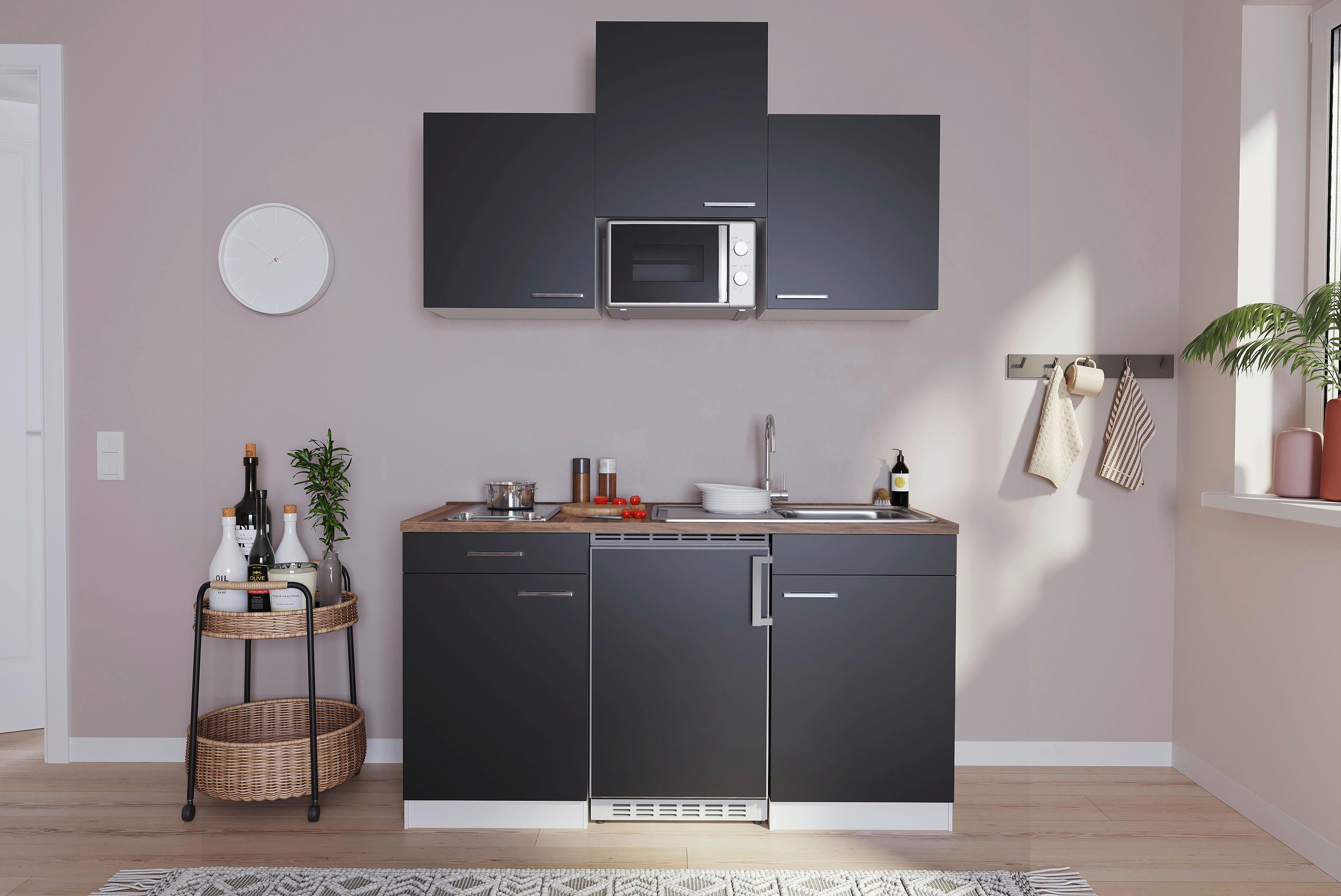 Miniküche Economy m. Geräten 150 cm Schwarz/Nussbaum Dekor - Nussbaumfarben/Schwarz, Basics, Holzwerkstoff (150cm) - Respekta