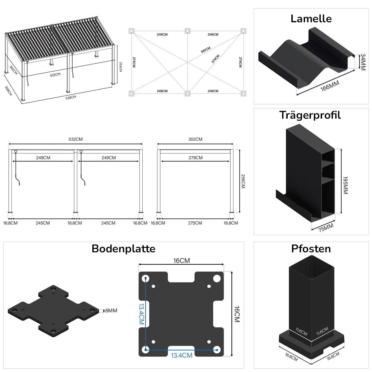 Pergola 300x530 Cm Wetterbeständig, Perlmutt - Perlmutt, Basics, Metall (300/530/255cm)