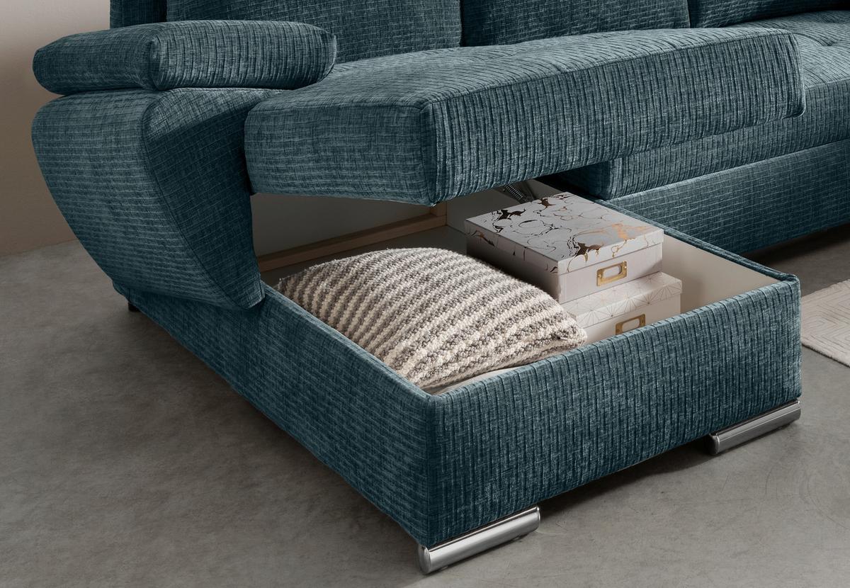 Wohnlandschaft Terana Blau mit Schlaffunktion, Mikrofaser - Chromfarben/Blau, KONVENTIONELL, Textil (157/305/219cm) - Livetastic