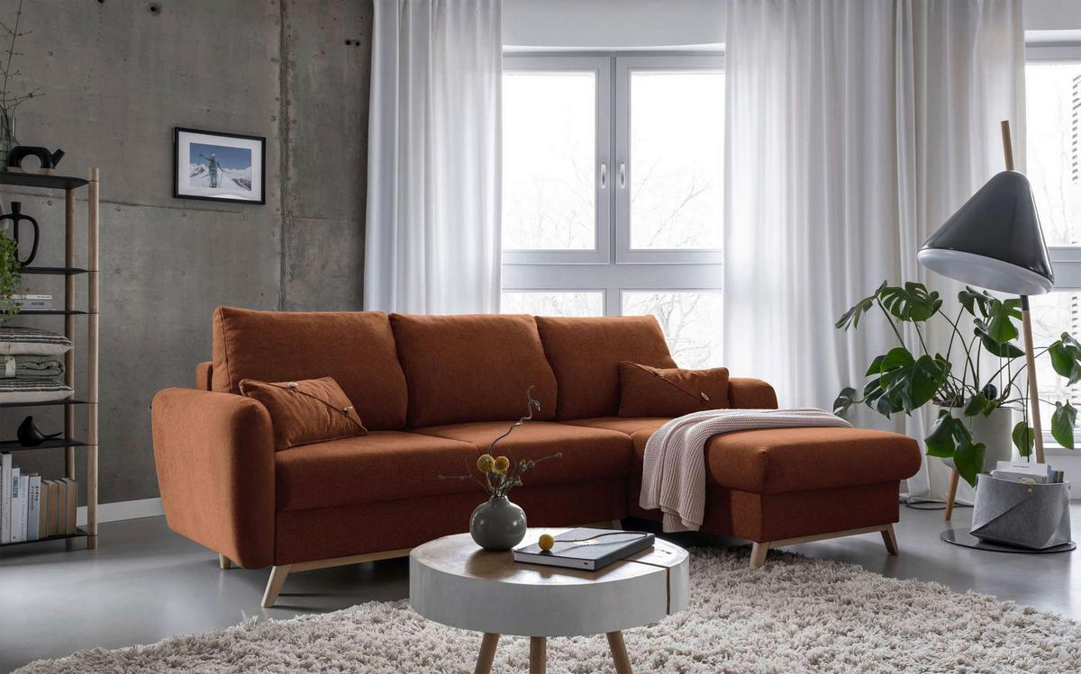 Sedačka LUCILE S, pravá, tehlová, úl.priestor a lôžko - prírodná farba/terakotová, drevo/textil (235/157cm) - MID.YOU