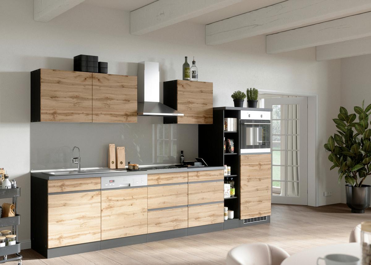 Küchenzeile Turin mit Geräten B: 330 cm Graphit/Eiche Dekor - Eiche Wotan/Graphitfarben, Design, Holzwerkstoff (330cm) - Held