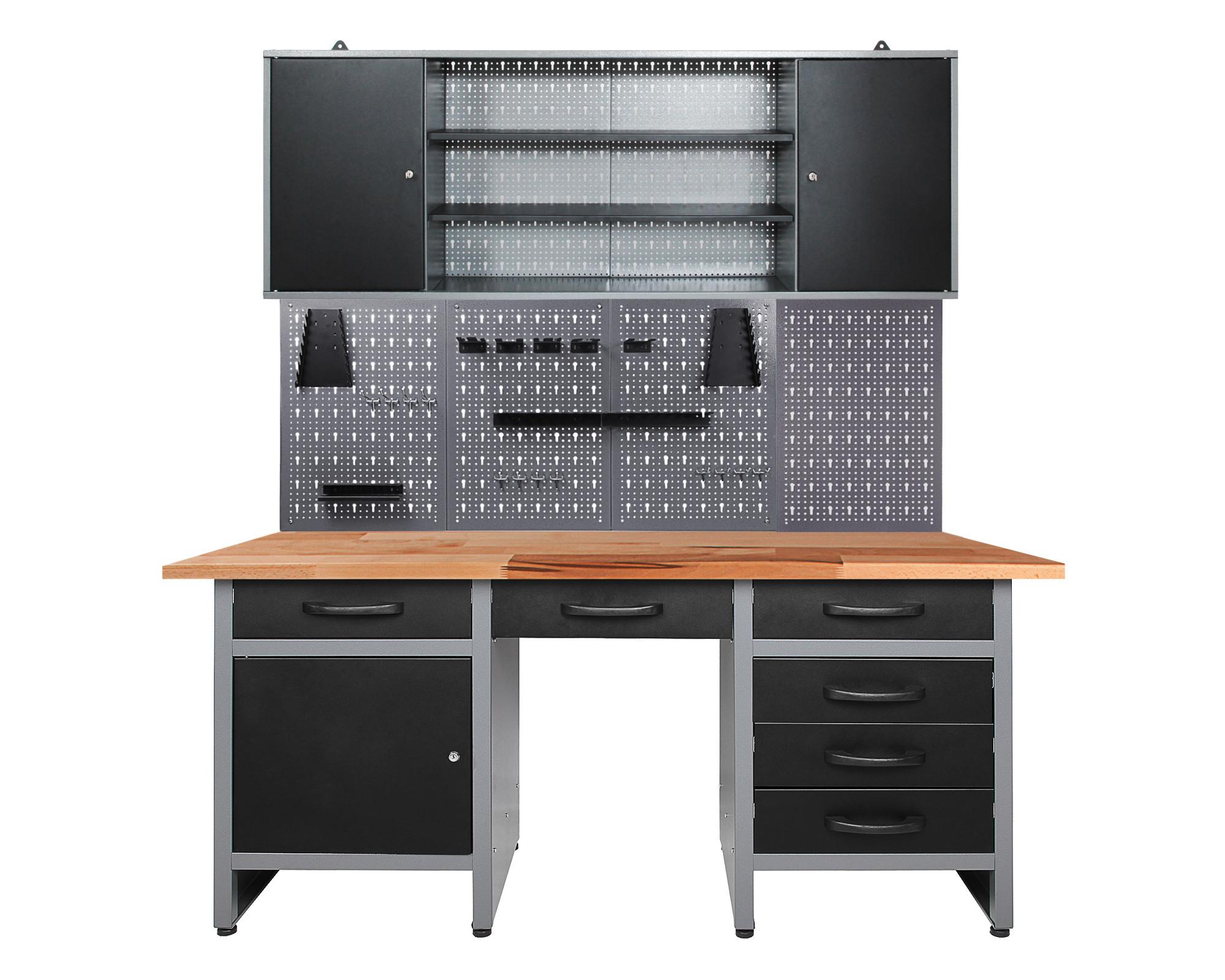 Werkbank-Set Harry aus Stahl Anthrazit, Grau B: 160 cm - Anthrazit/Grau, Basics, Holz/Metall (160/205/60cm)