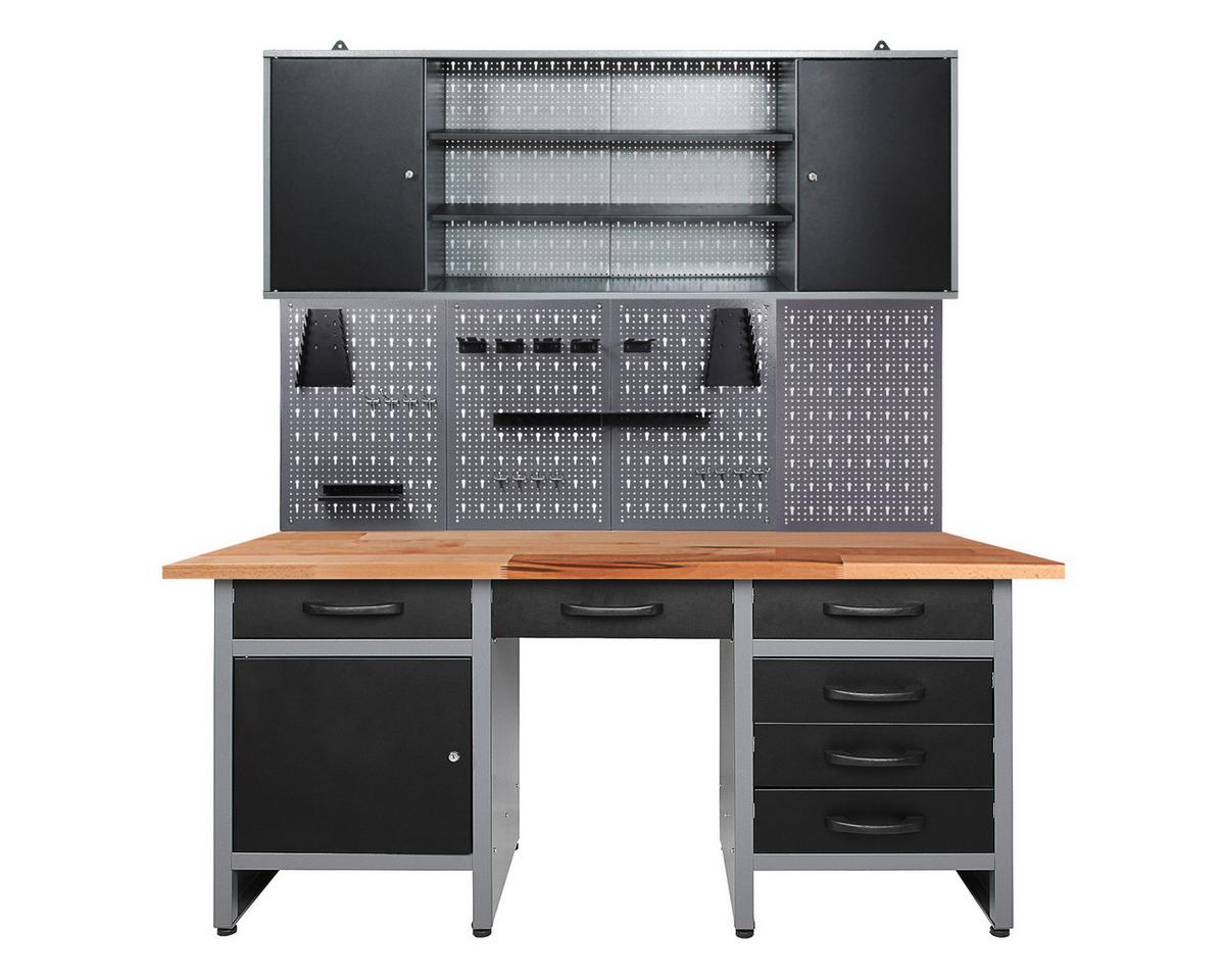 Werkbank-Set Harry aus Stahl Anthrazit, Grau B: 160 cm - Anthrazit/Grau, Basics, Holz/Metall (160/205/60cm)