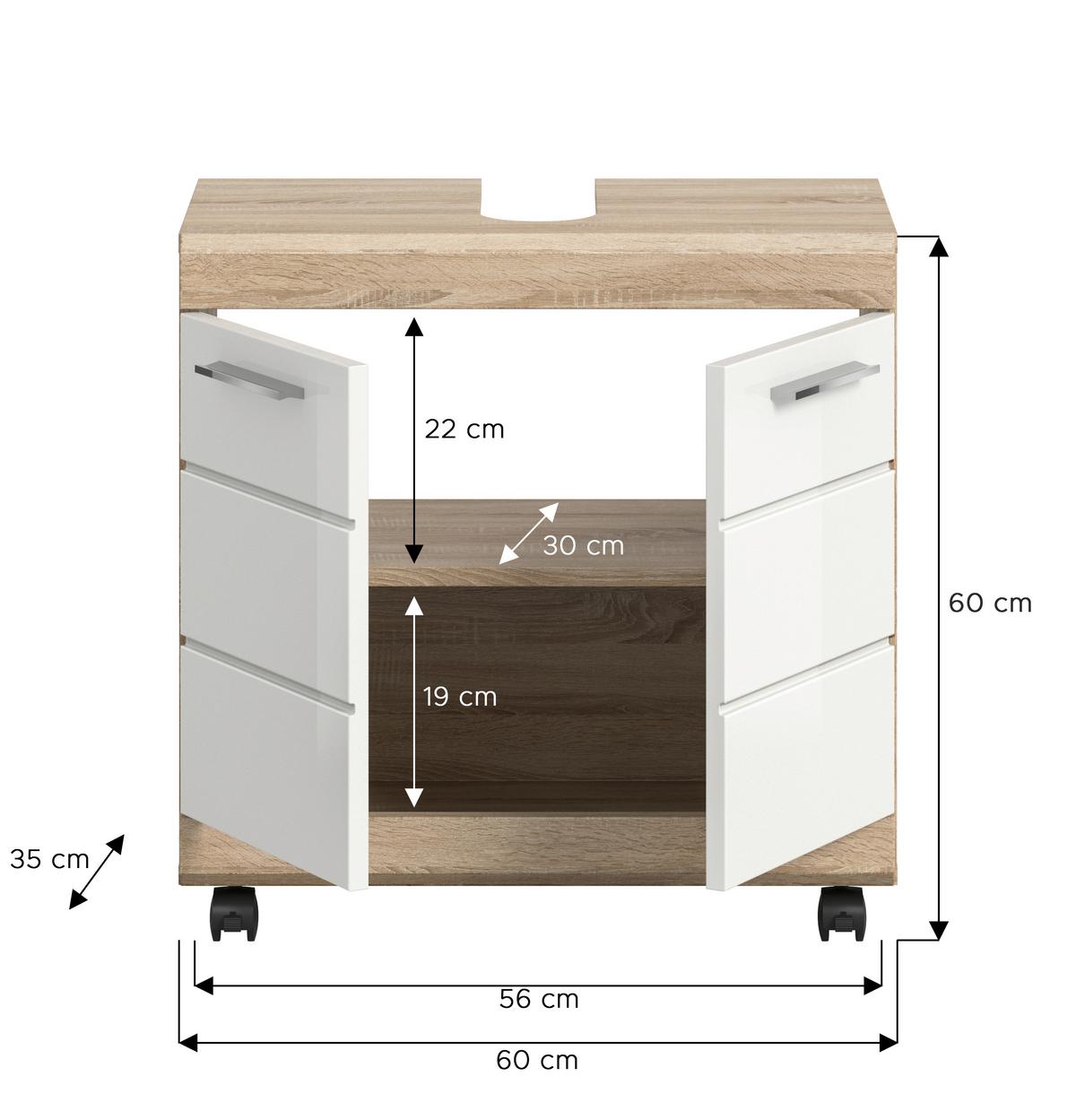 WASCHBECKENUNTERSCHRANK Eiche Dekor/Weiß B: 60cm - Weiß Hochglanz/Schwarz, Trend, Holzwerkstoff (60/60/34cm) - MID.YOU