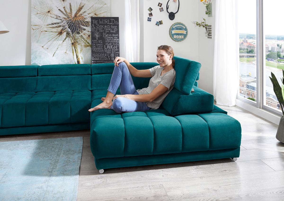 Sedací souprava IBA, pravá, tyrkysová, s funkcemi - barvy chromu/tyrkysová, Lifestyle, textil (323/222cm) - Premium Living