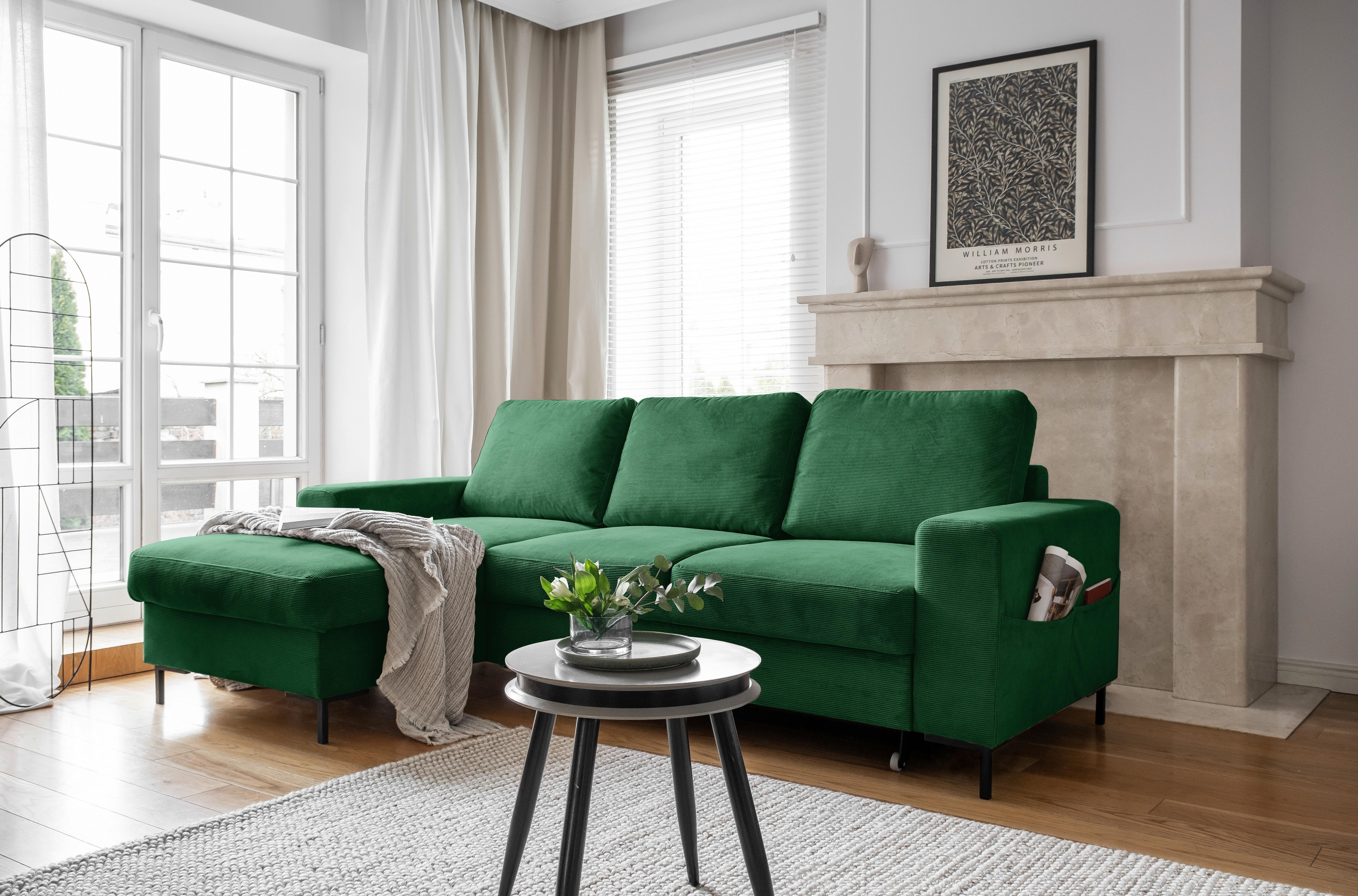 Rohová sedačka LEONIE, levá, smaragdově zelený manšestr - černá/smaragdově zelená, Design, kov/dřevo (148/236cm)
