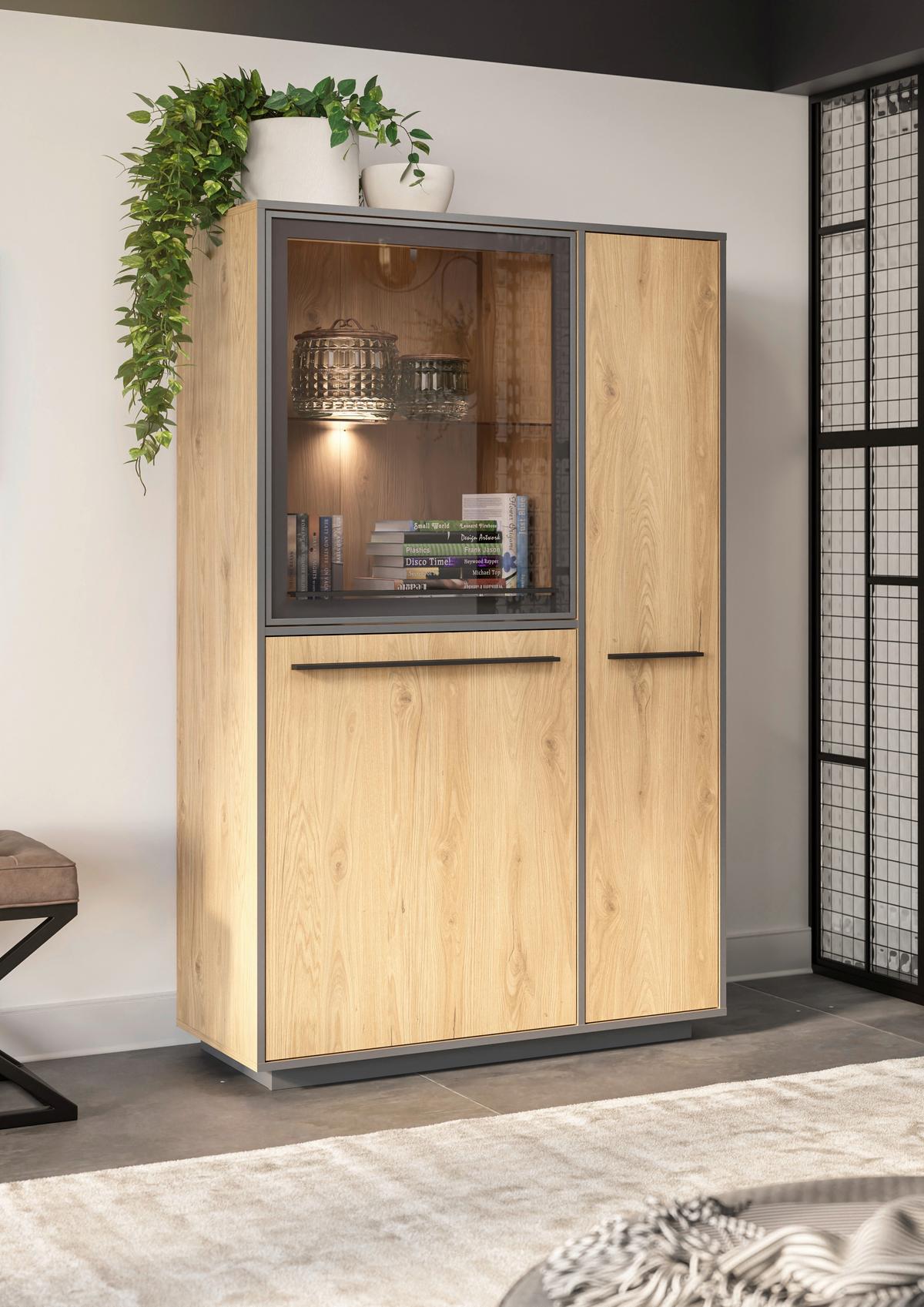 Highboard Nadiro B: 101 cm Wildeiche Dekor/Schwarz Matt - Eichefarben/Schwarz, Trend, Glas/Holzwerkstoff (101/161/41cm) - Livetastic
