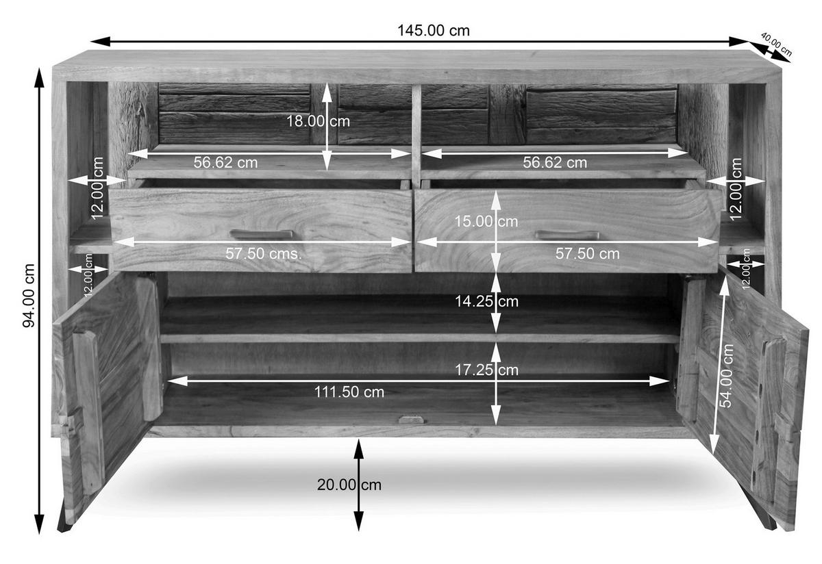 Kommode Indira Akazie Massiv, B: 145 cm - Schwarz/Akaziefarben, ROMANTIK / LANDHAUS, Holz (145/94/40cm)