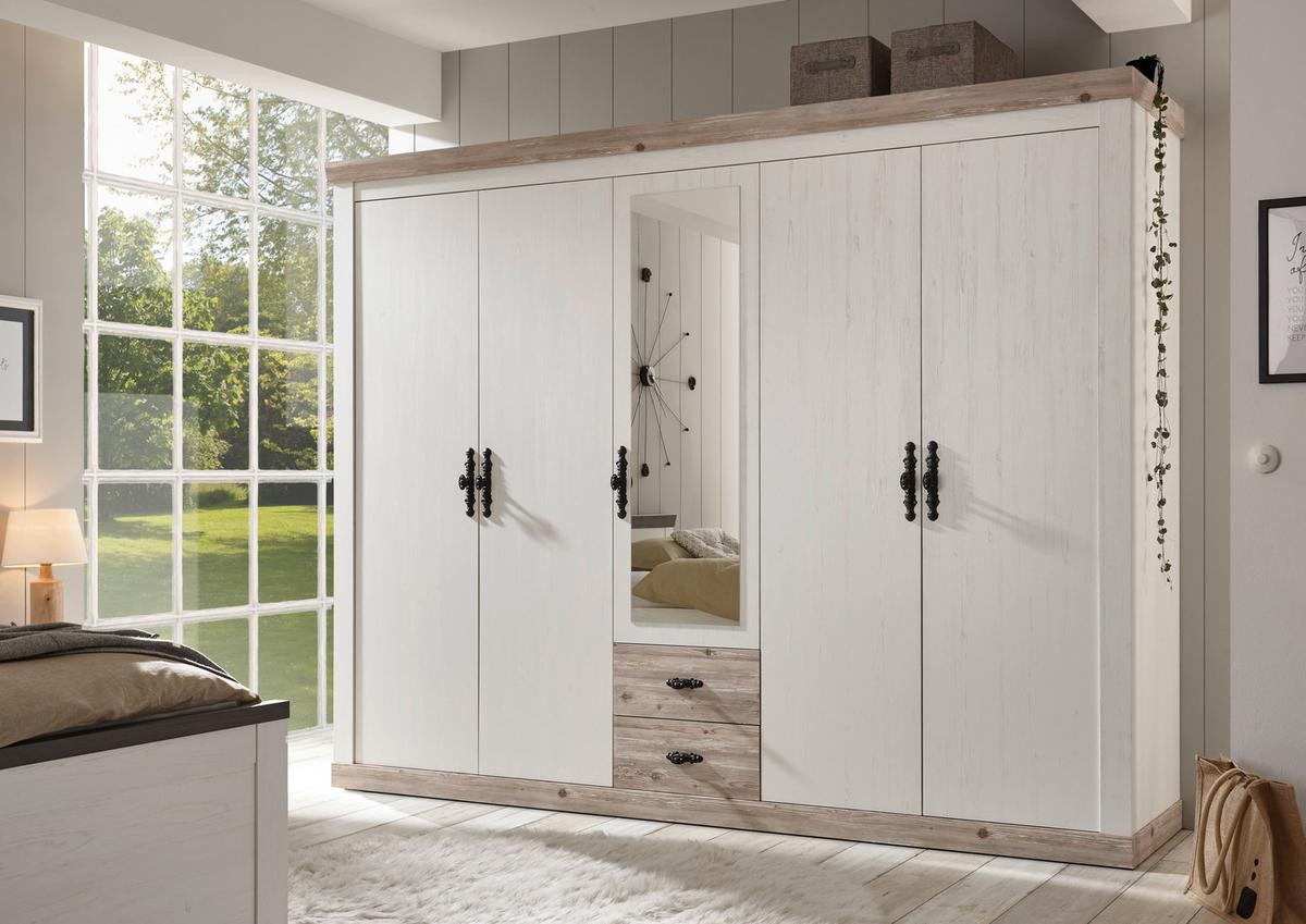 Kleiderschrank Florenz Pinie Weiß Dekor, B: 265cm - Hellbraun/Pinienfarben, Design, Holzwerkstoff (265/201/60cm) - MID.YOU