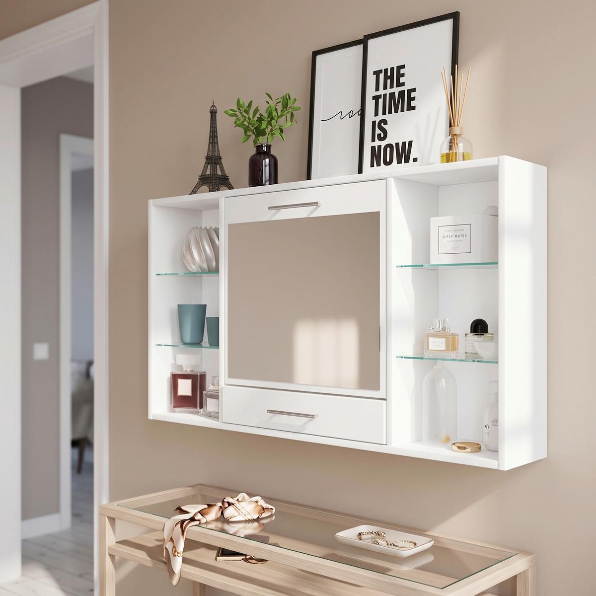 Nástěnný regál se zrcadlem š: 115 cm, bílý - bílá/barvy hliníku, Moderní, kov/kompozitní dřevo (112/60/19,7cm) - MID.YOU