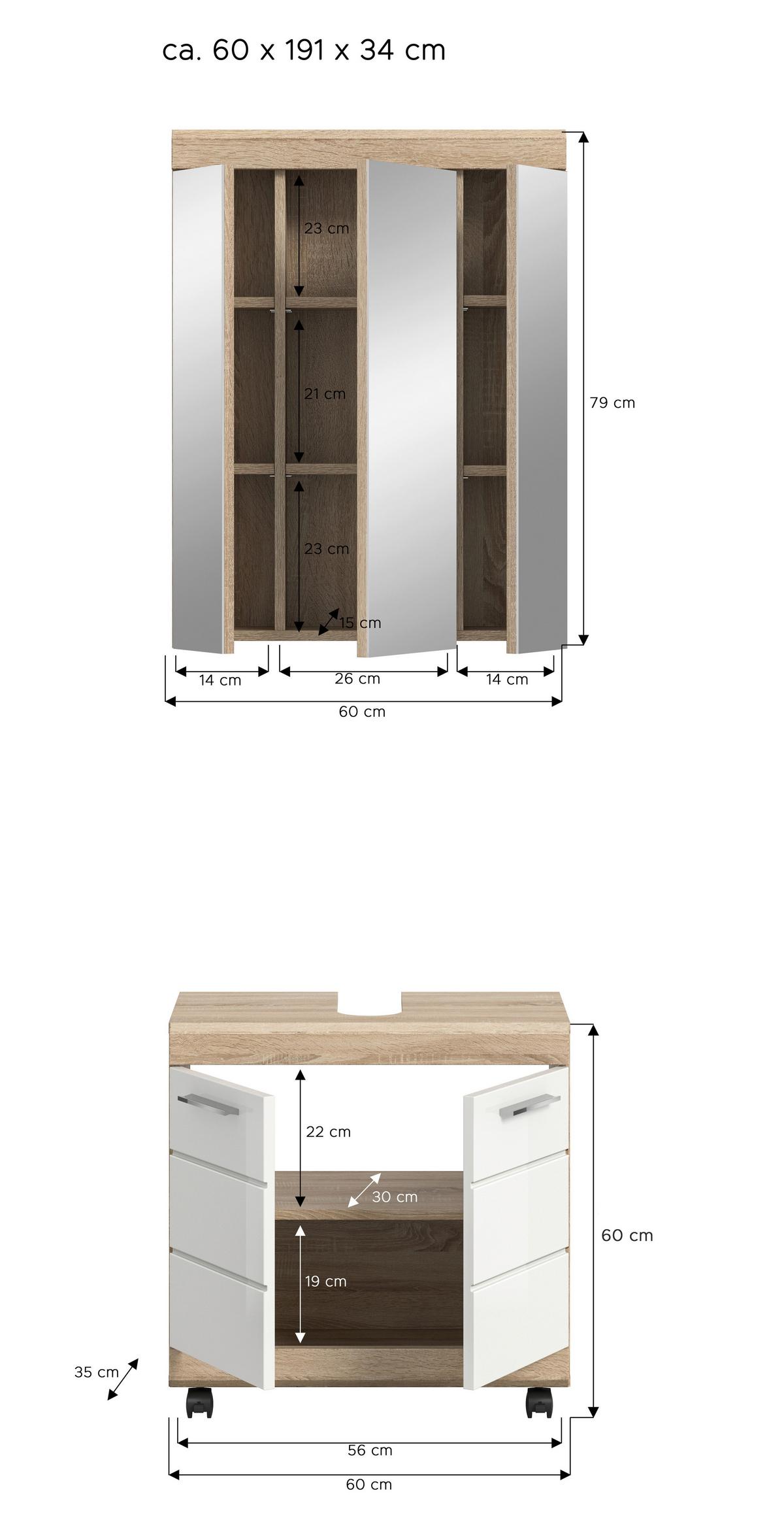 BADEZIMMER Eiche Dekor/Weiß B: 60cm - Weiß Hochglanz/Schwarz, Trend, Glas/Holzwerkstoff (60cm) - MID.YOU