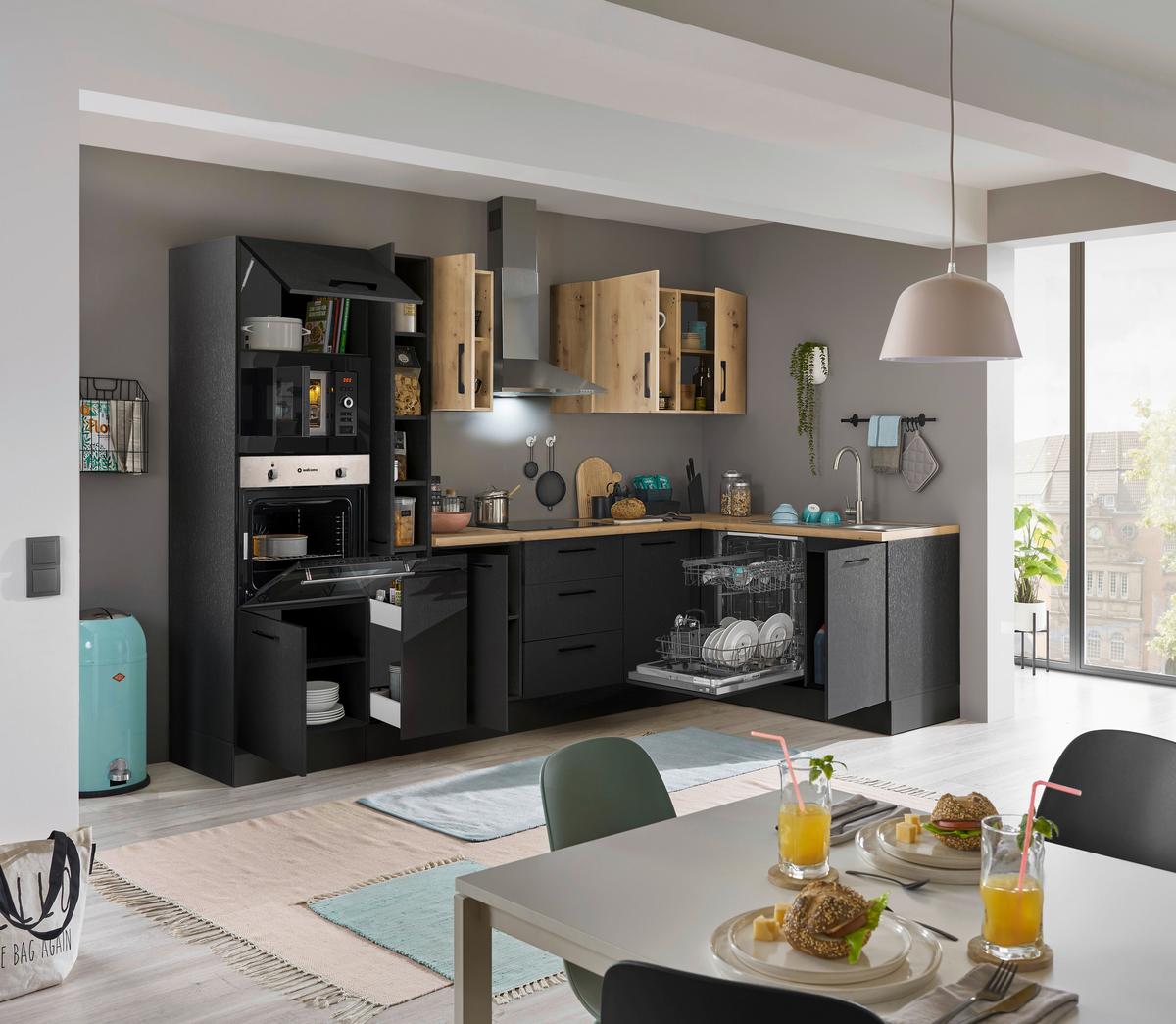 Eckküche Turin Schwarz/Eiche Dekor 310x175 cm - Schwarz/Eiche Artisan, Basics, Holzwerkstoff (310/175cm) - MID.YOU