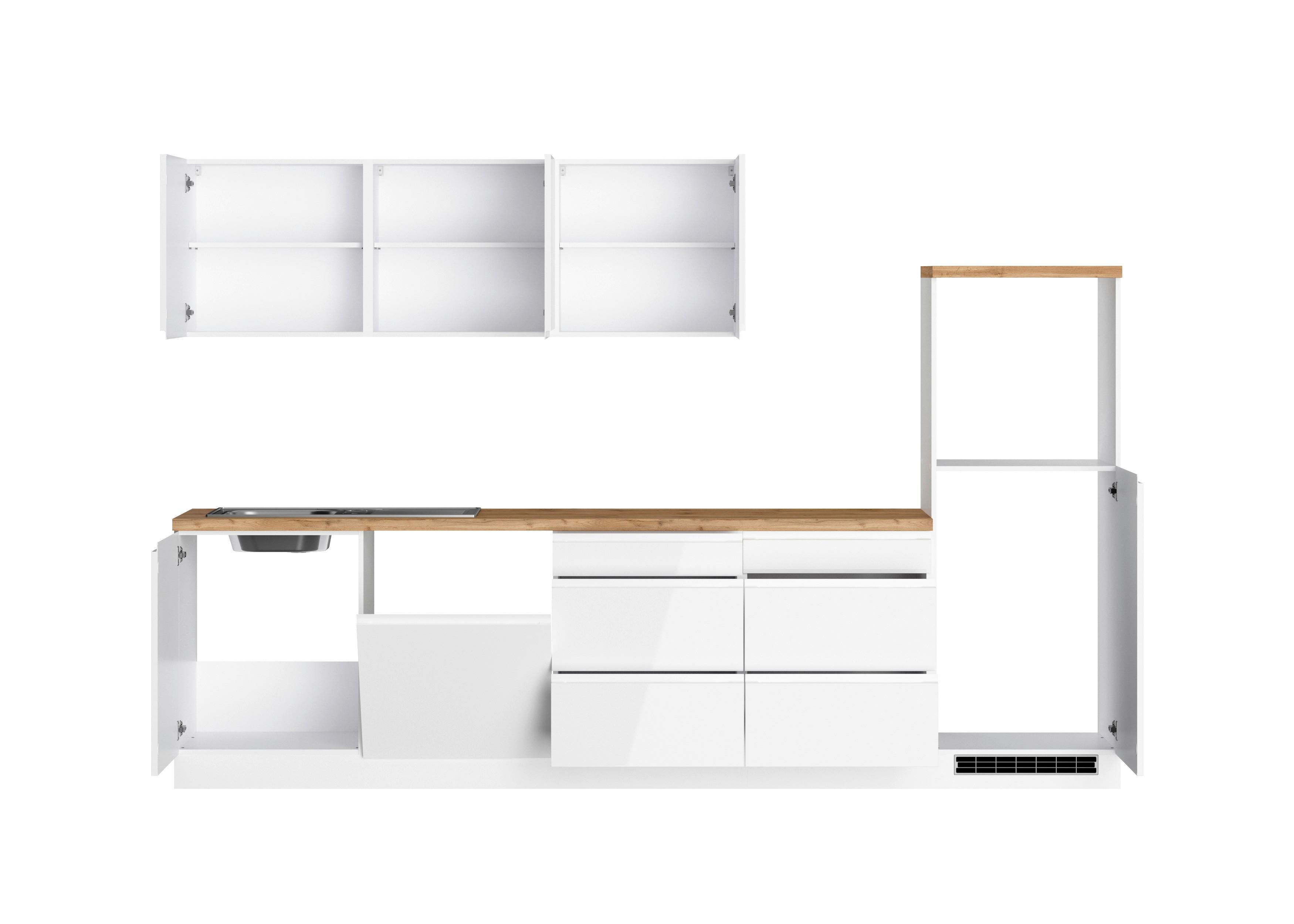 Küchenzeile Monza ohne Geräte B: 300 cm Weiß/Eiche Dekor - Weiß Hochglanz/Eiche Wotan, LIFESTYLE, Holzwerkstoff (300cm) - Held