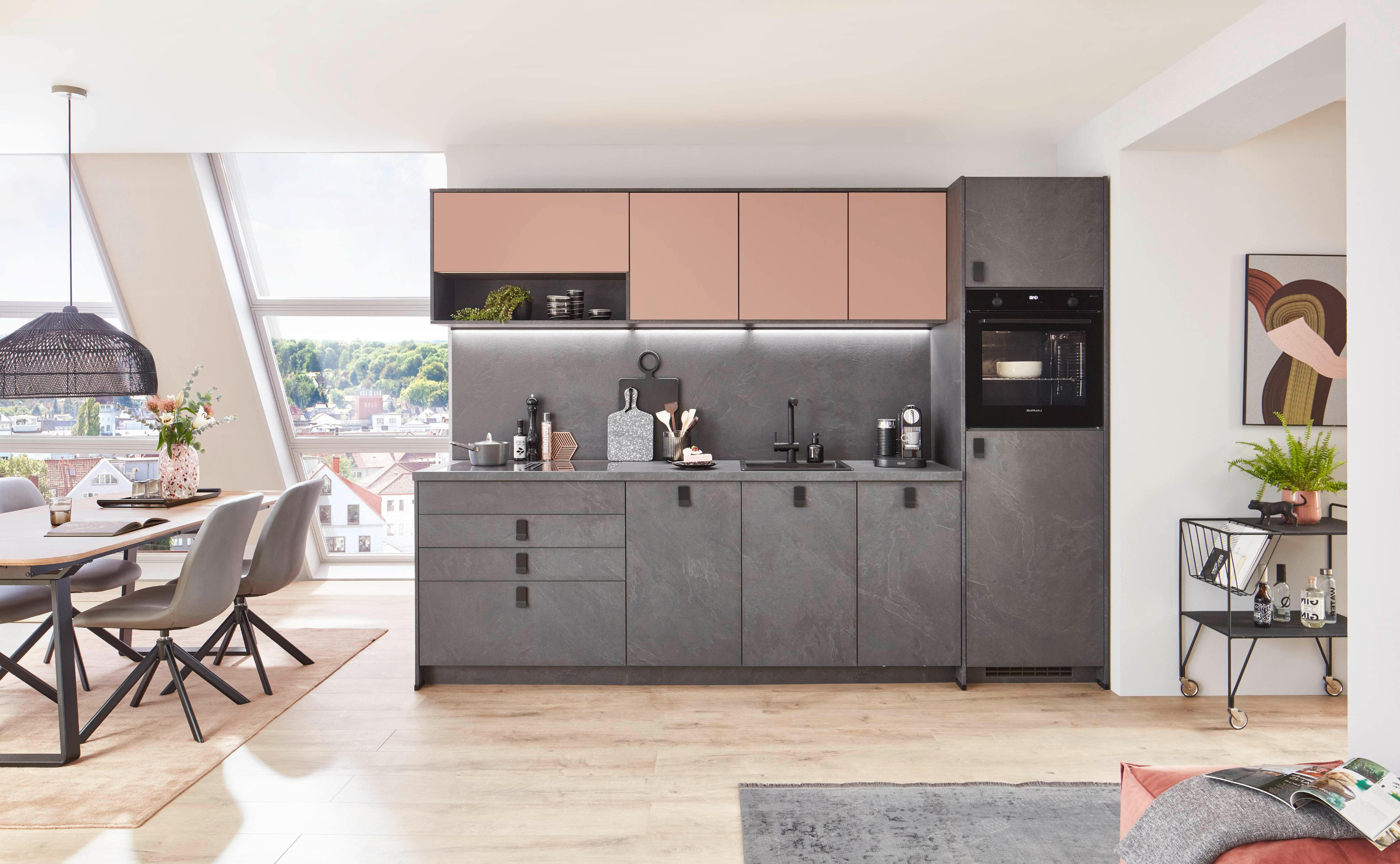 Küchenblock Stone/Sidney - Schieferfarben/Rosa, Basics, Holzwerkstoff (300cm) - Vertico
