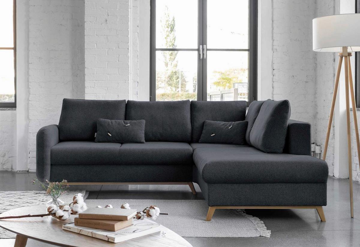 Sedačka LUCILE L, pravá, tm.sivá, úl.priestor a lôžko - prírodná farba/tmavosivá, drevo/textil (242/202cm) - MID.YOU