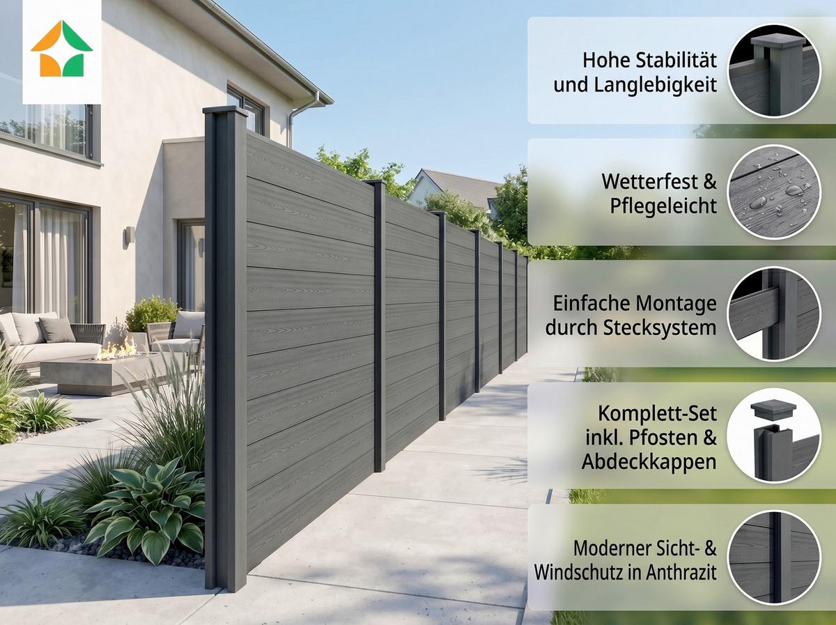 WPC Zaunpaket 5 Elemente, 6 Pfosten, einfaches Stecksystem - Anthrazit, KONVENTIONELL, Holzwerkstoff (910/185/10cm) - Prestige Home