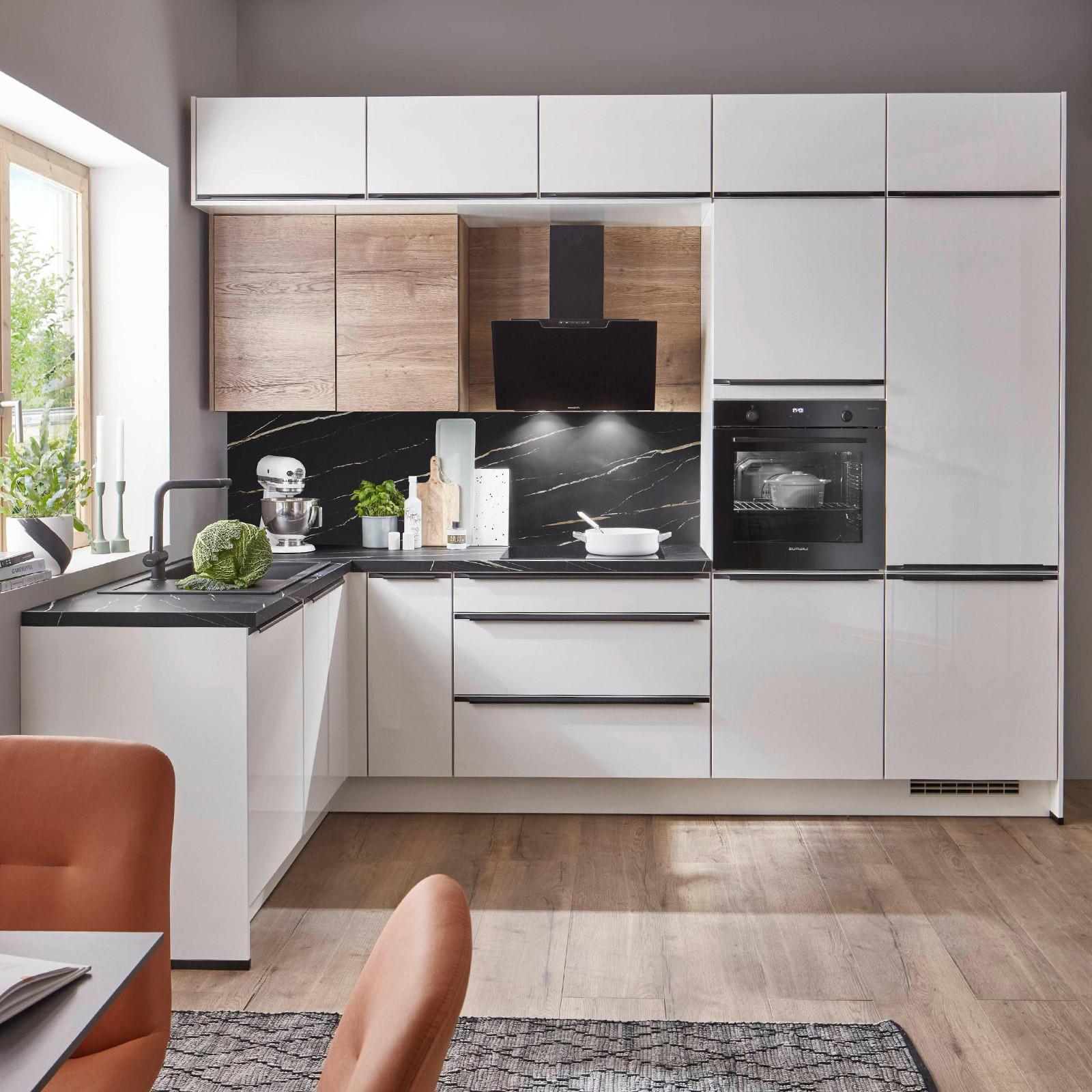 ECKKÜCHE FLORENZ/SINGAPUR - Weiß Hochglanz/Eichefarben, Basics, Holzwerkstoff (187/307cm) - Vertico