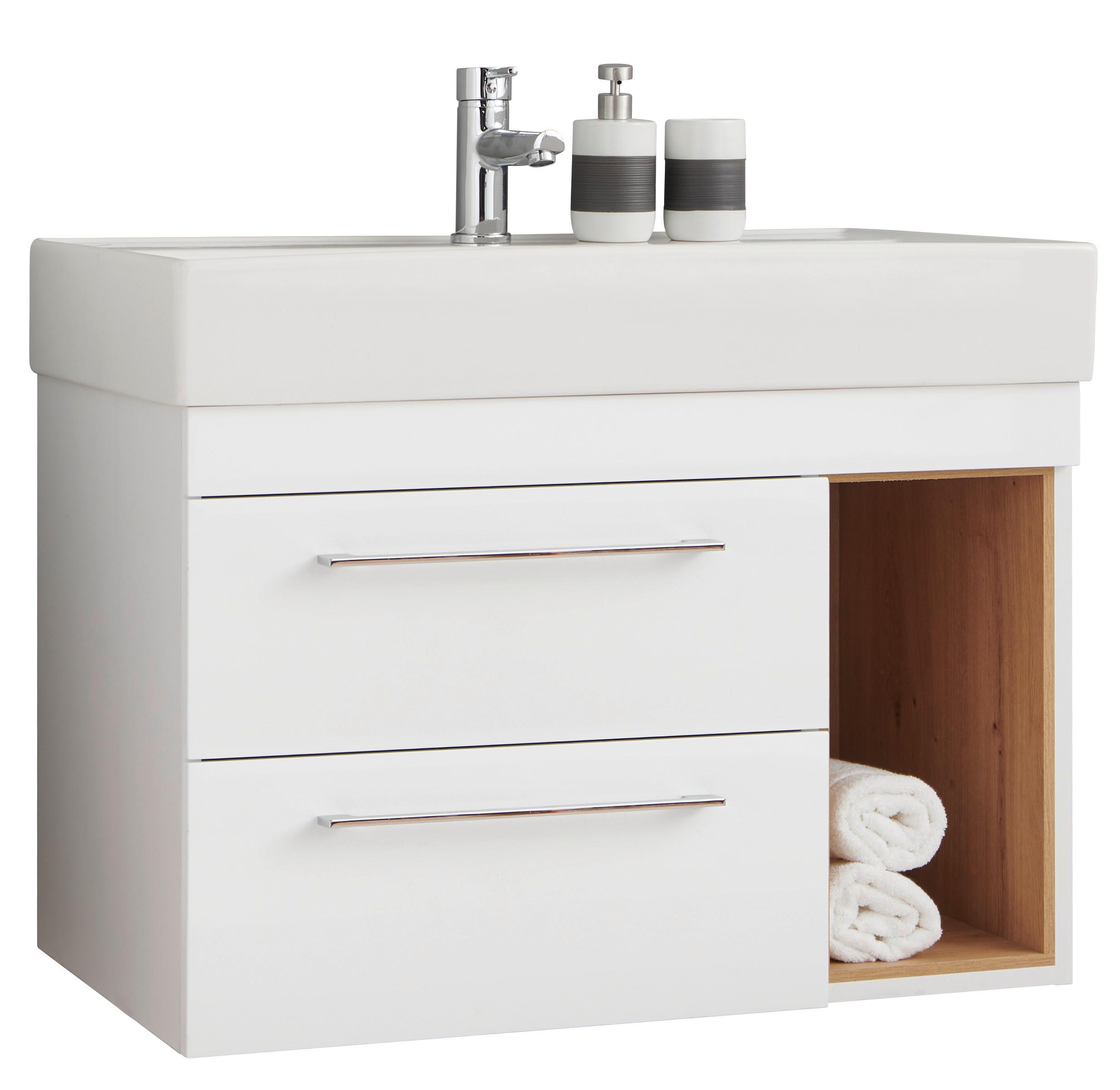 Waschbeckenunterschrank Mura II B: 80 cm Weiß/Eiche - Weiß, MODERN, Keramik/Holzwerkstoff (80/63/46,5cm)