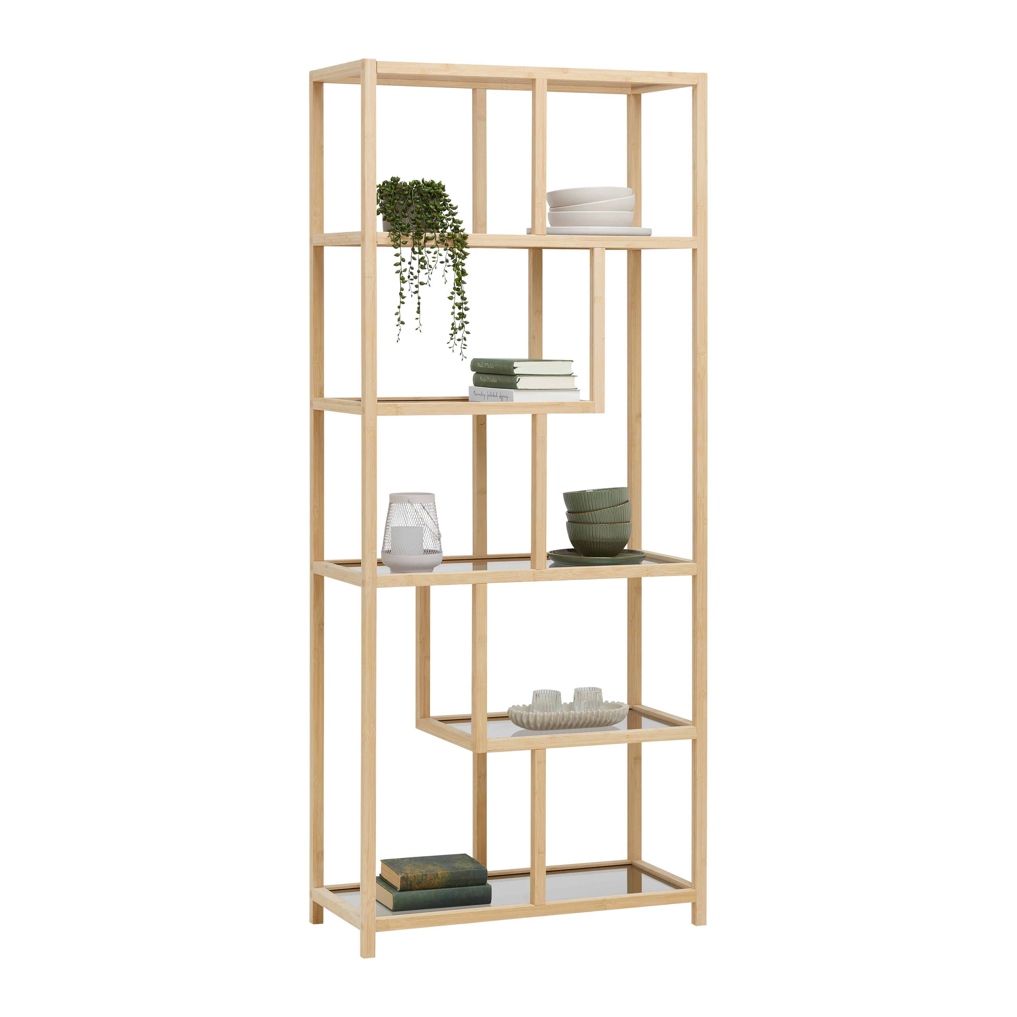 Regál boston, bambus/sklo, š: 77 cm - prírodná farba, Modern, prírodné materiály/sklo (77/180/34cm) - Mömax