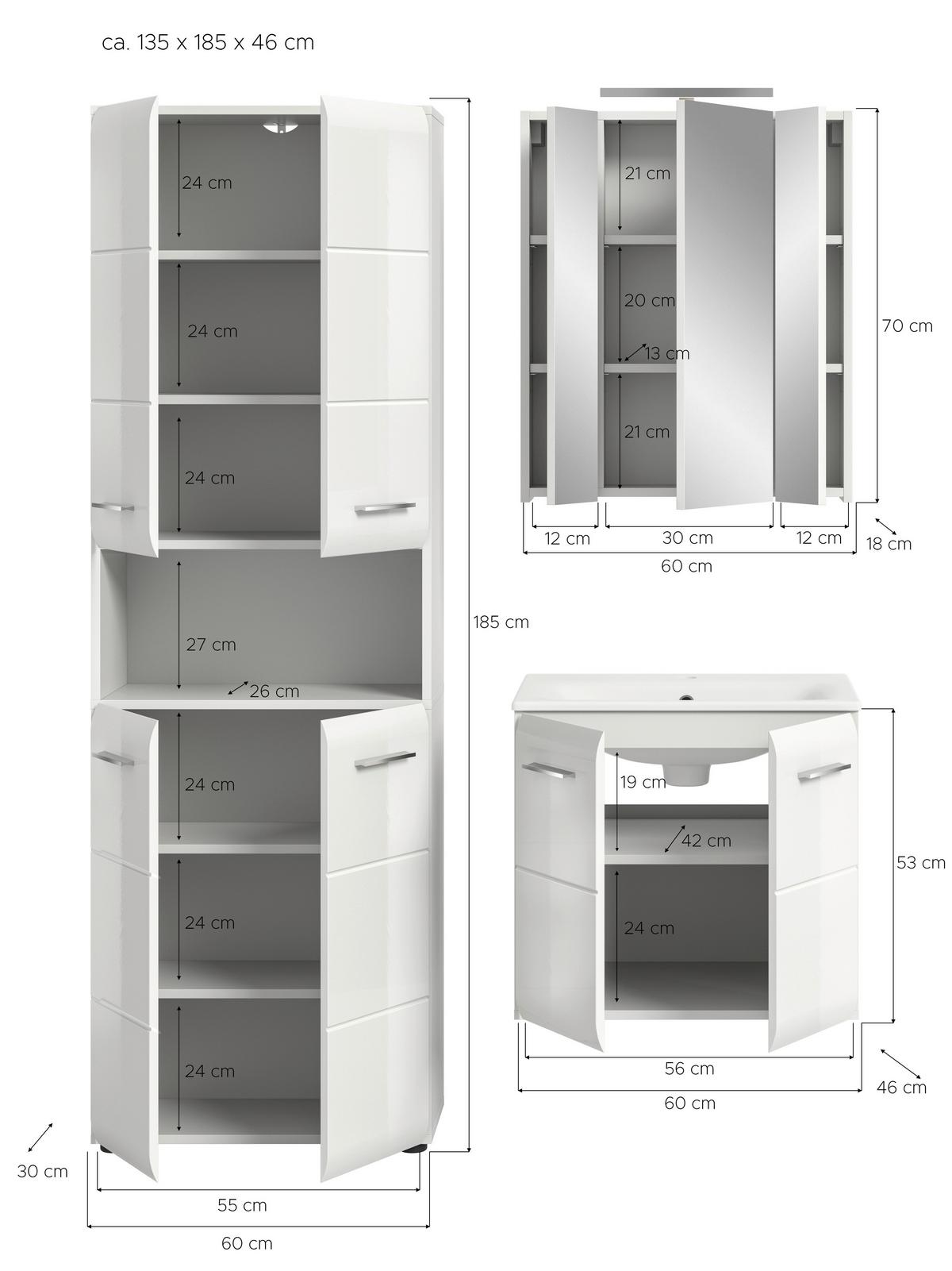 Badezimmer Ice Weiß/weiß Hg B: 120 Cm - Weiß Hochglanz/Schwarz, MODERN, Keramik/Holzwerkstoff (120/185/46cm) - MID.YOU
