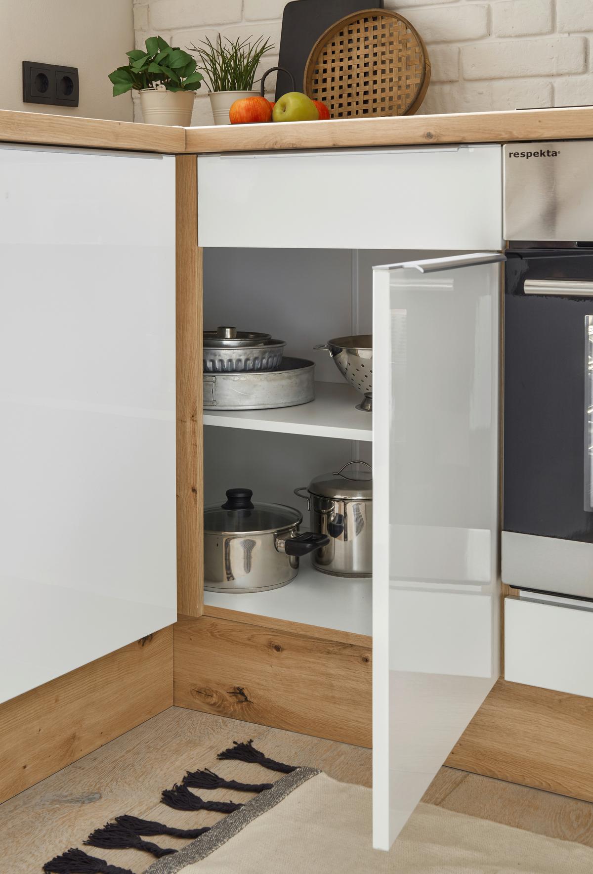 Eckküche mit Geräten 220x170 cm Weiß/Eiche Dekor, Modern - Weiß Hochglanz/Eiche Artisan, LIFESTYLE, Holzwerkstoff (220/170cm) - Respekta