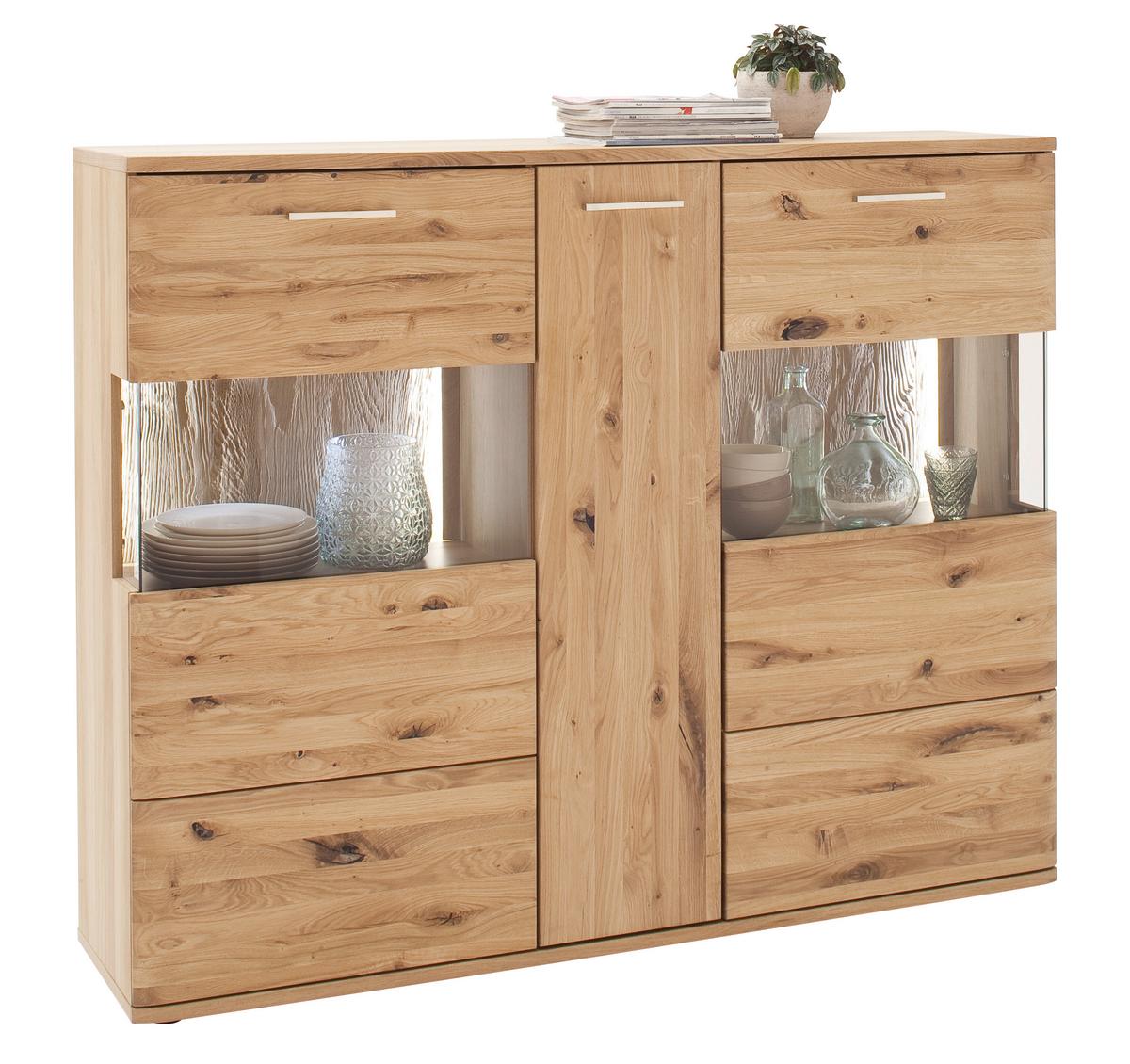 Highboard Santori Eiche Teilmassiv - Eichefarben/Schwarz, Design, Glas/Holz (150/121/37cm) - Livetastic