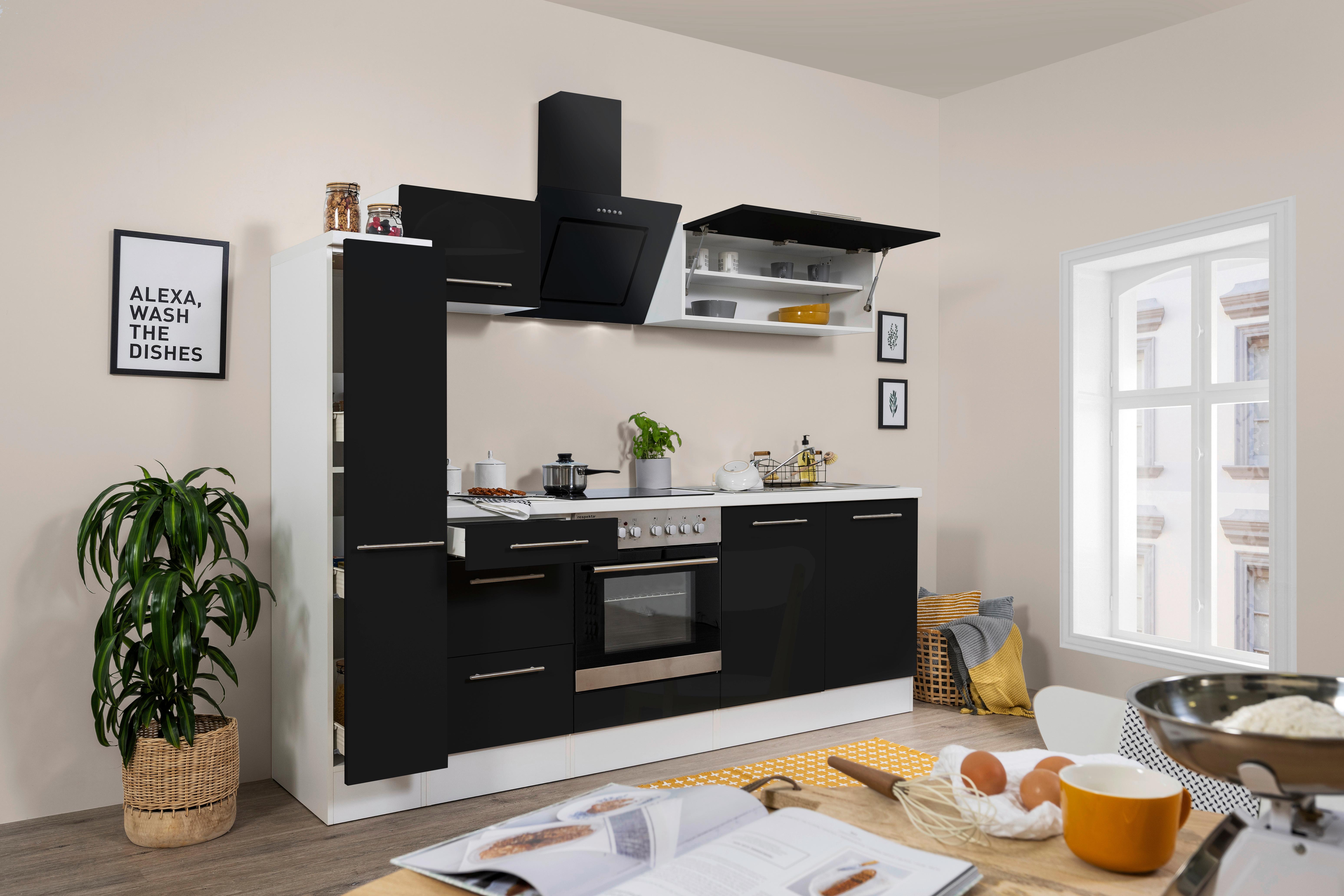 Küchenzeile Rp240wsc mit Geräte 240 cm Schwarz/Weiß - Schwarz/Weiß, KONVENTIONELL, Holzwerkstoff (240cm) - Respekta