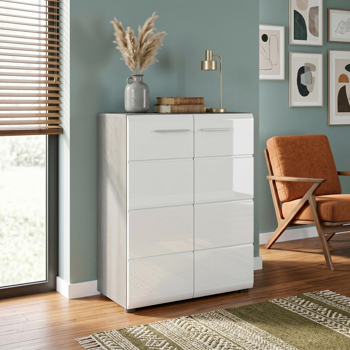 Komoda, lesklá biela, š: 60 cm - biela s vysokým leskom/strieborná, Design, kompozitné drevo/plast (60/85/37cm) - MID.YOU
