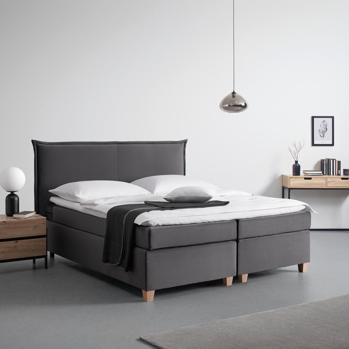 Manželská boxspring postel RINA, 180x200, šedá - šedá/přírodní barvy, Moderní, dřevo/textil (180/200cm)