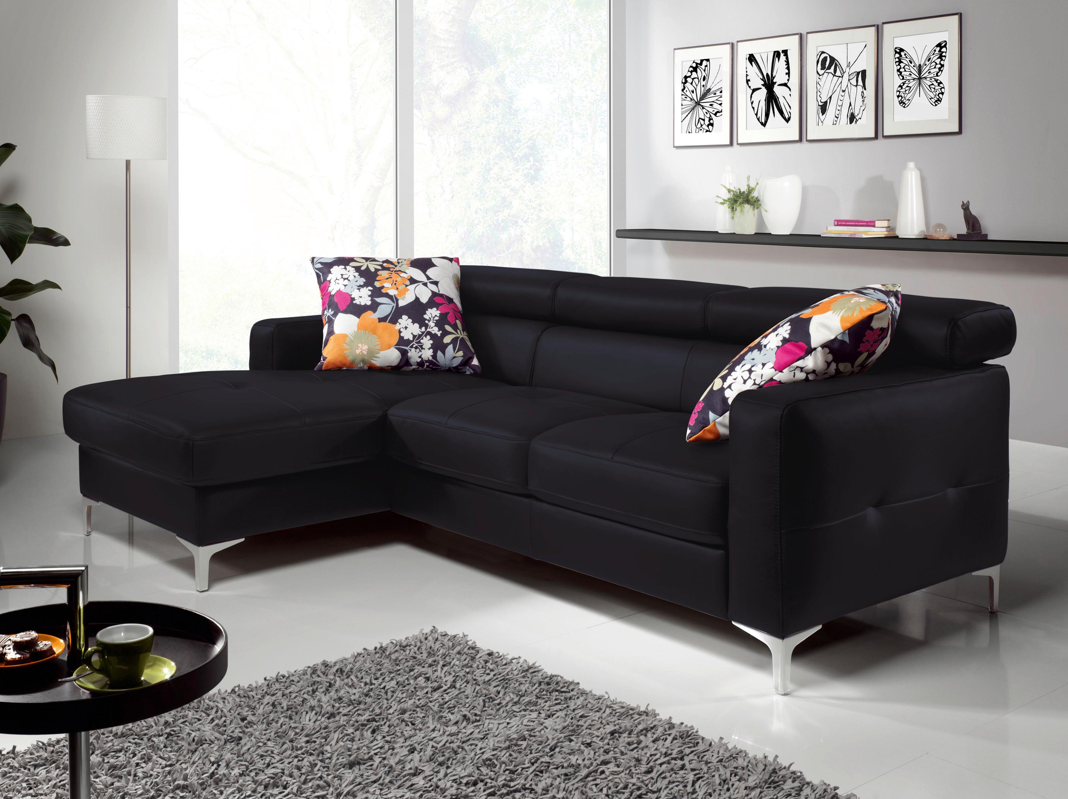 Ecksofa Mit Schlaffunktion Sammy Schwarz Leder - Chromfarben/Schwarz, Design, Leder (168/227cm) - Livetastic