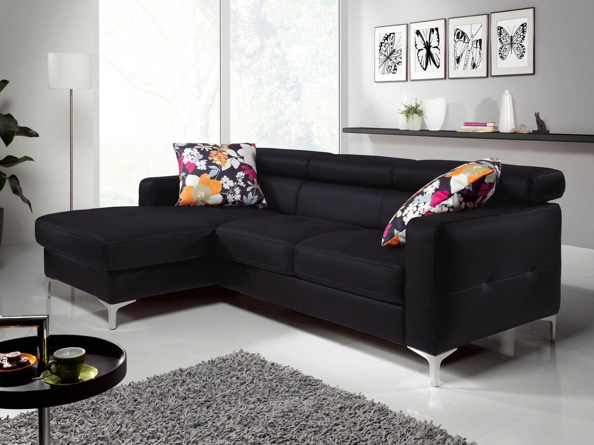 Ecksofa Mit Schlaffunktion Sammy Schwarz Leder - Chromfarben/Schwarz, Design, Leder (168/227cm) - Livetastic