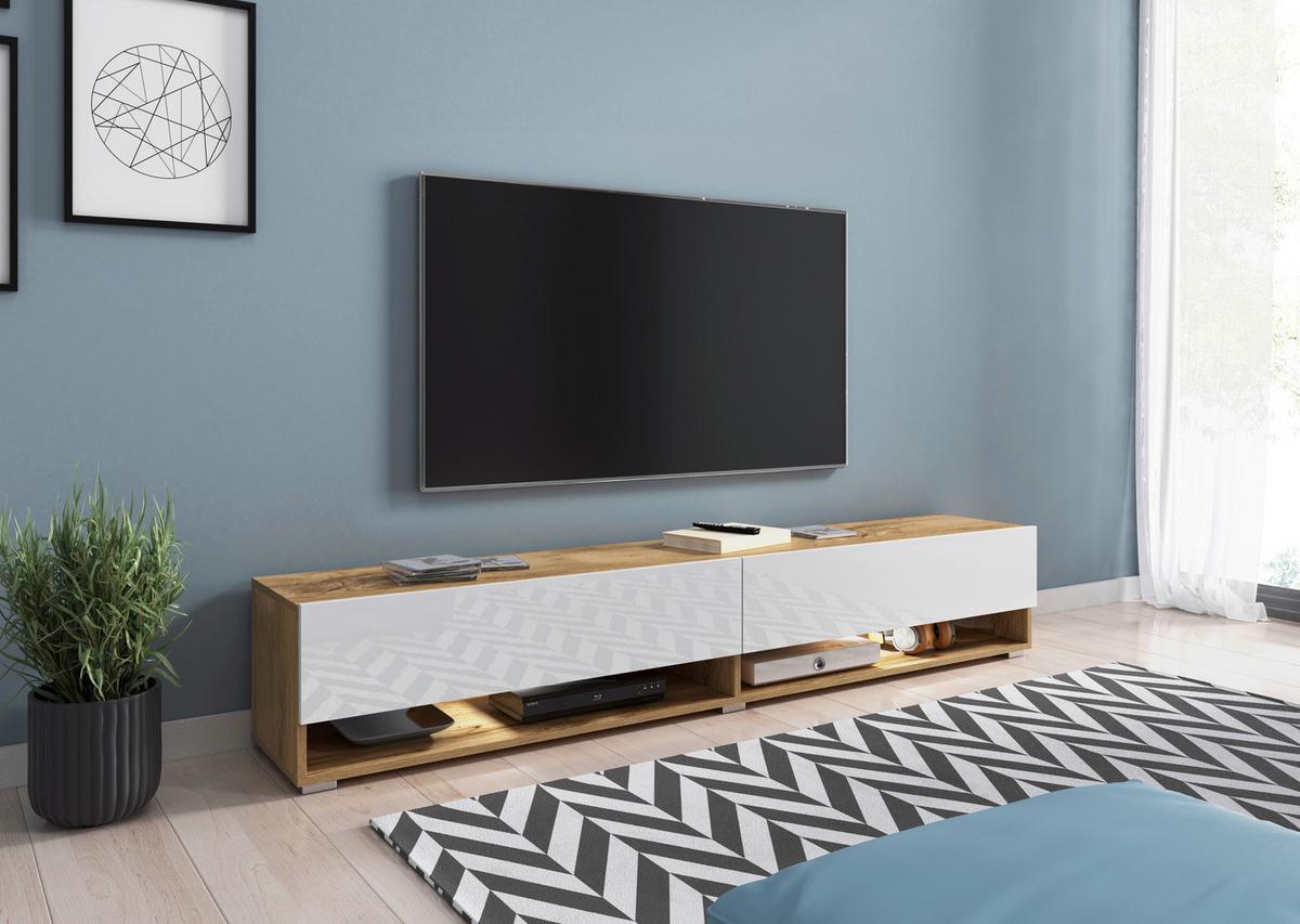 TV-Lowboard Eiche Wotan B: 180 cm Weiß/Eichefarben - Weiß Hochglanz/Eiche Wotan, LIFESTYLE, Holzwerkstoff (180/30/32cm) - P & B